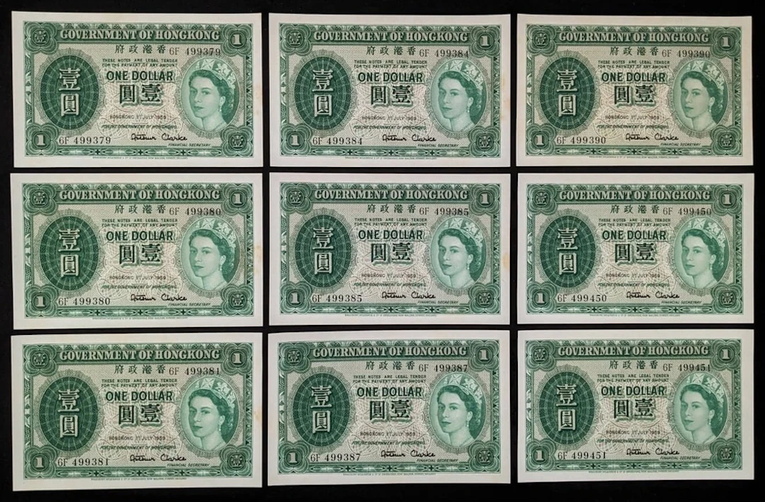 Government of HongKong, $1 (10), 1.7.1959, serial numbers 6F 499379/80/81/84/85/