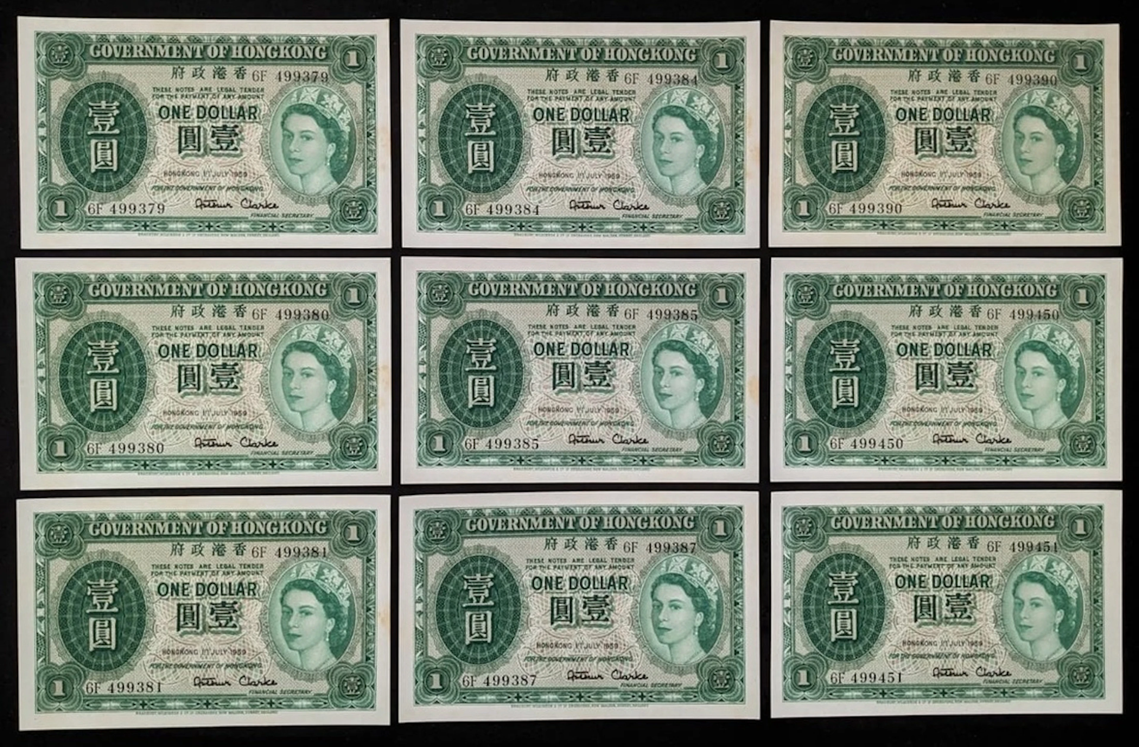 Government of HongKong, $1 (10), 1.7.1959, serial numbers 6F 499379/80/81/84/85/