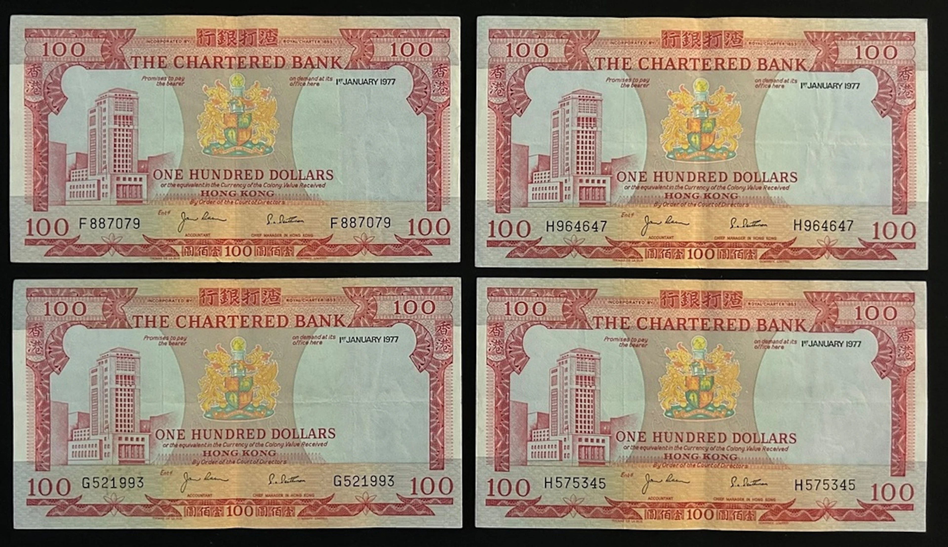 Chartered Bank, Hong Kong, $100 (4), prefixes F, G, H (2), (Pick 76)