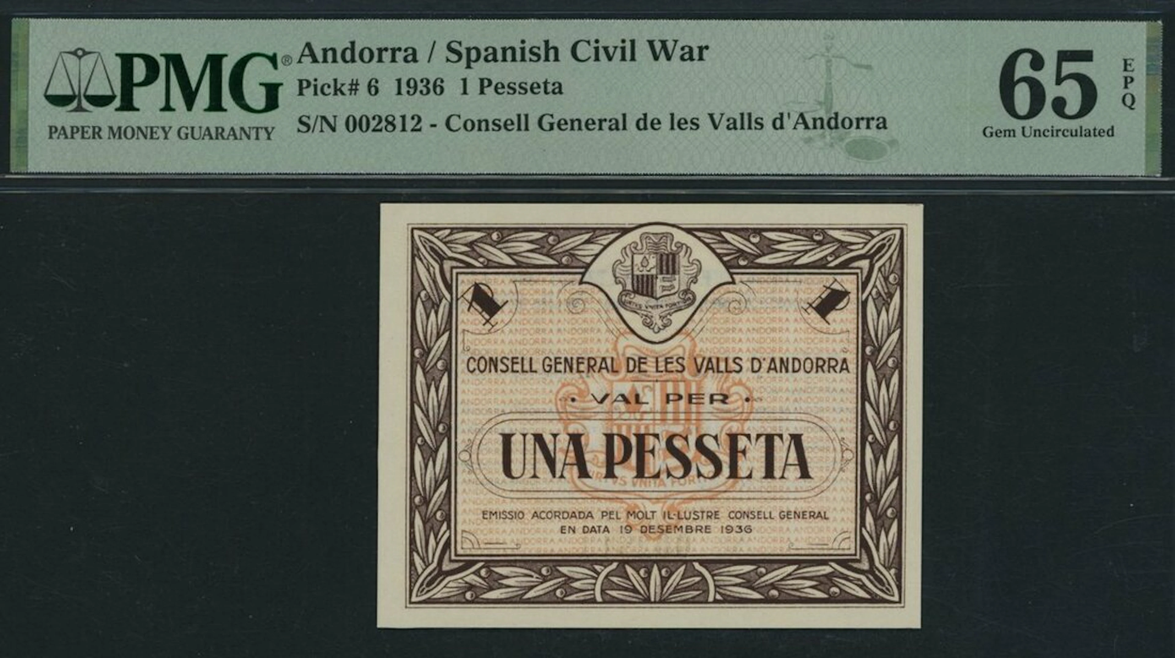 Consell General de les Valls, Andorra, 1 Pesseta, 19th December 1936