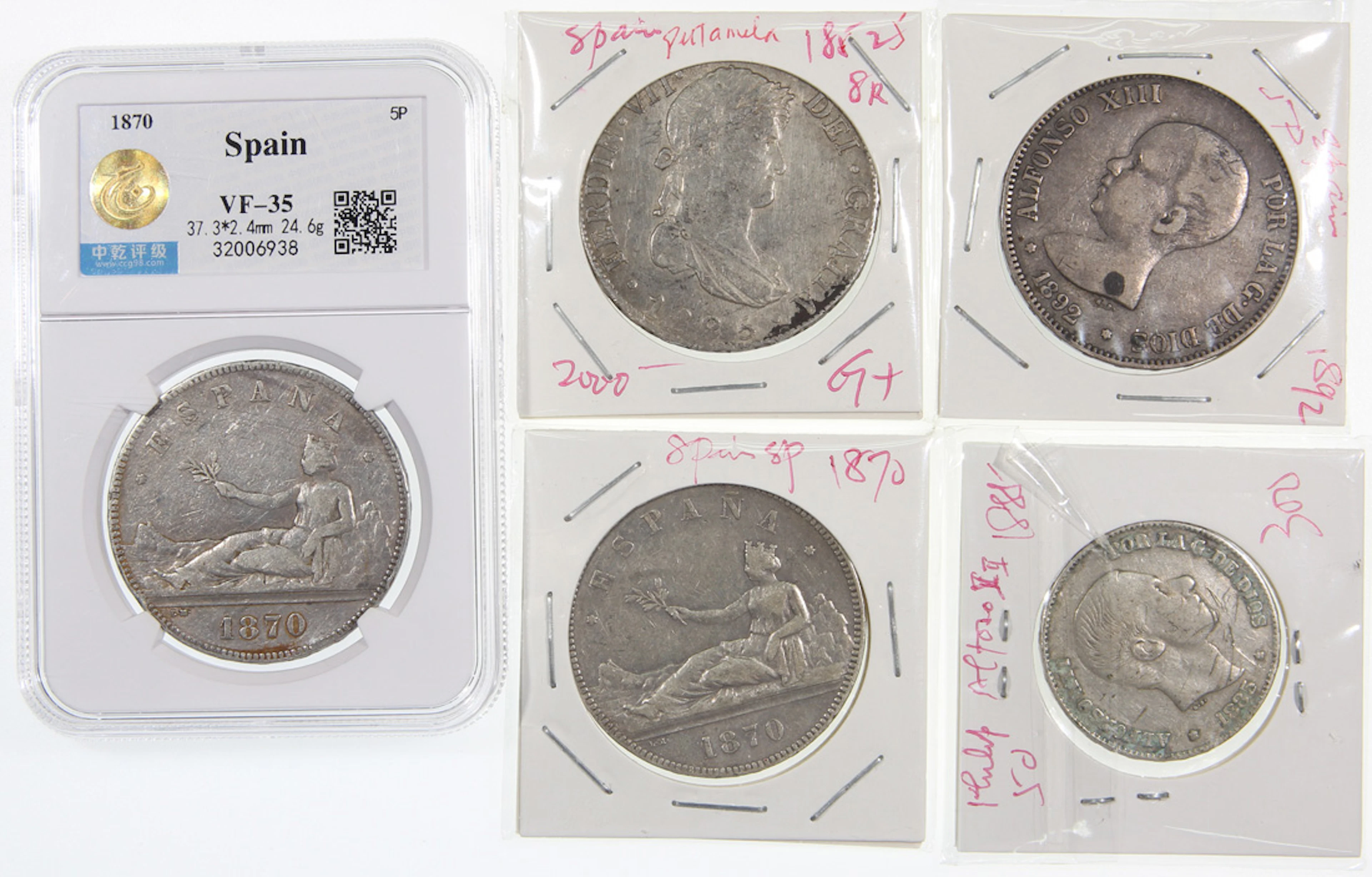 Spain, a group of 5x silver coins, including: