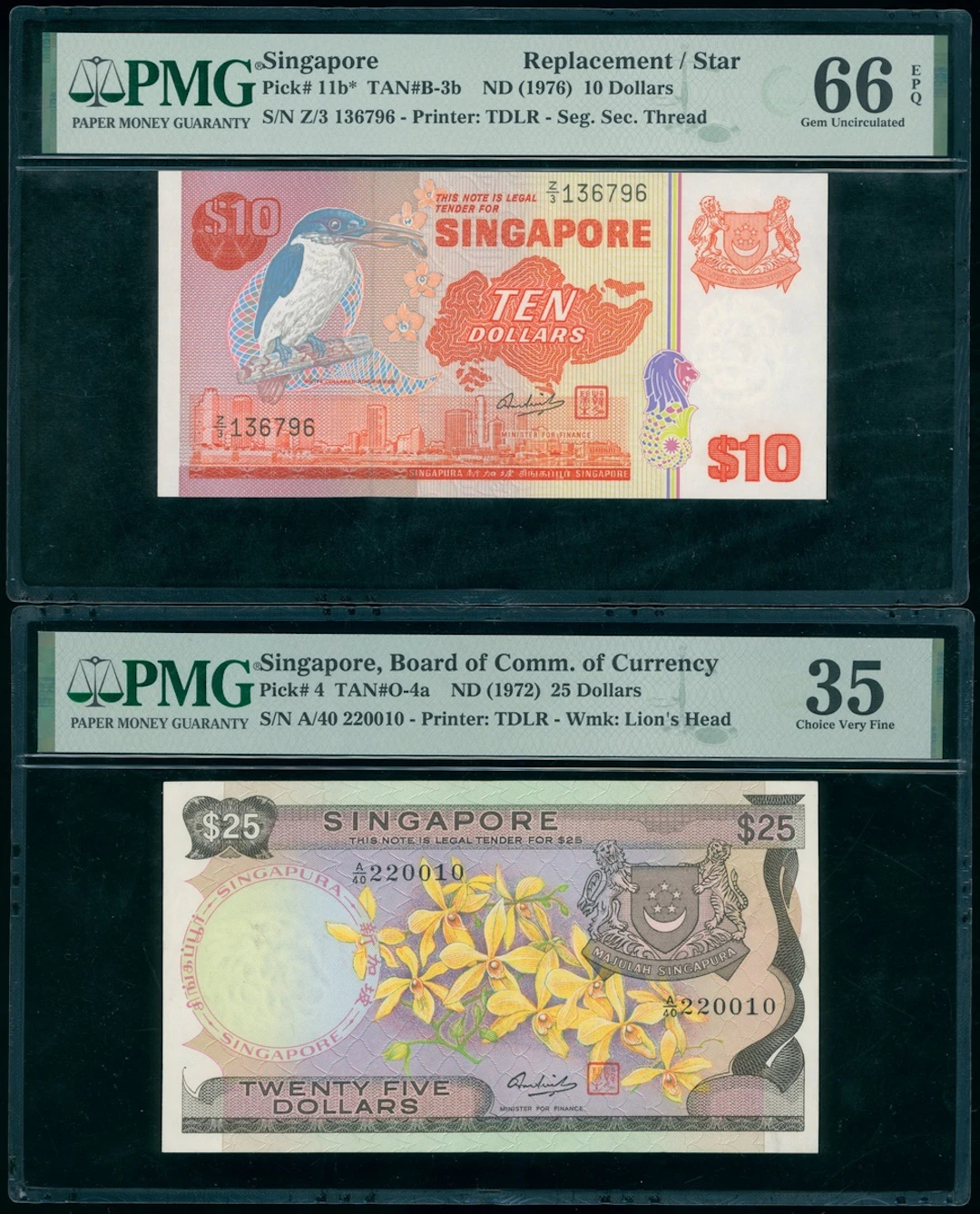 Singapore, a pair, including $25 ND (1972) and replacement $10 ND