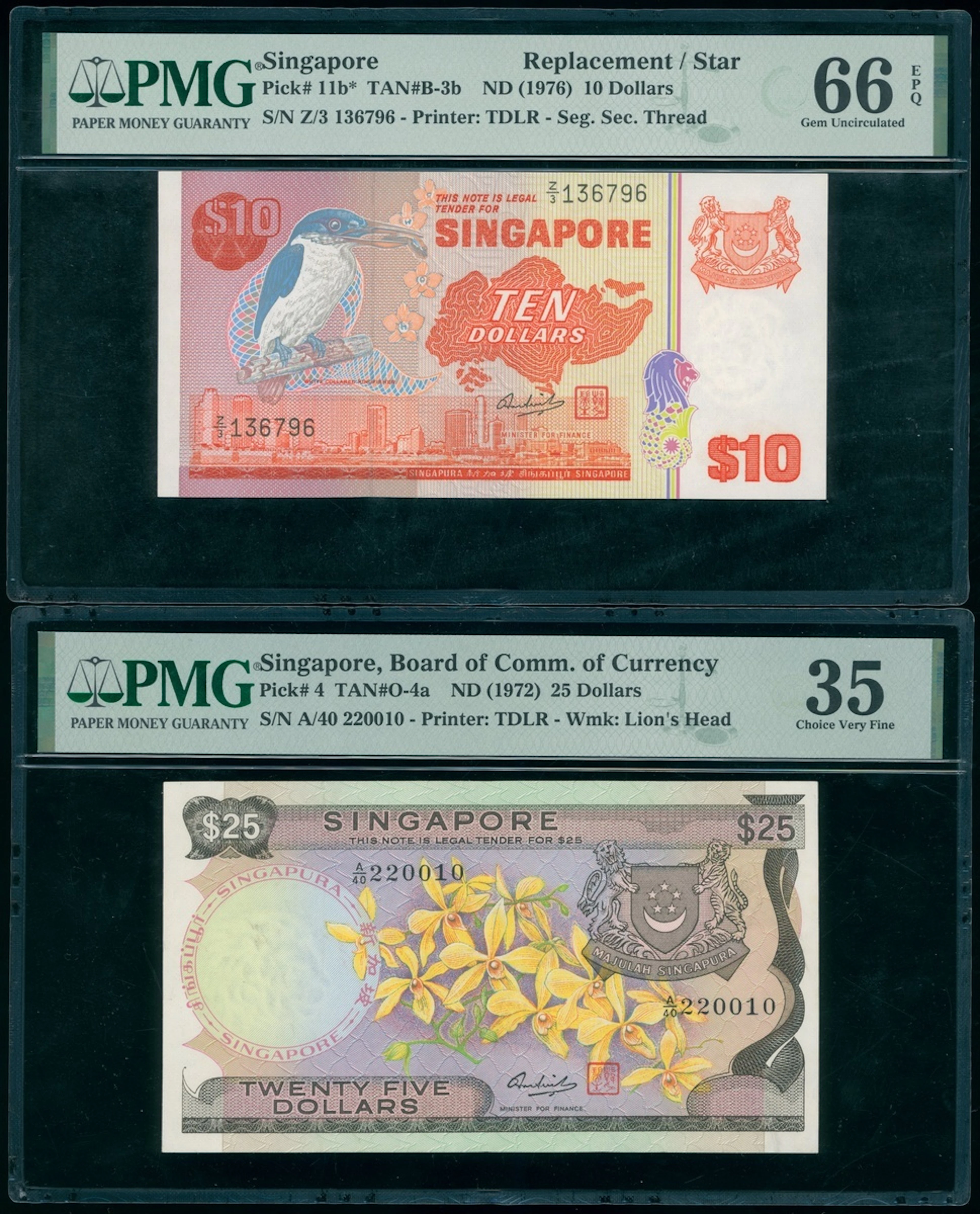 Singapore, a pair, including $25 ND (1972) and replacement $10 ND
