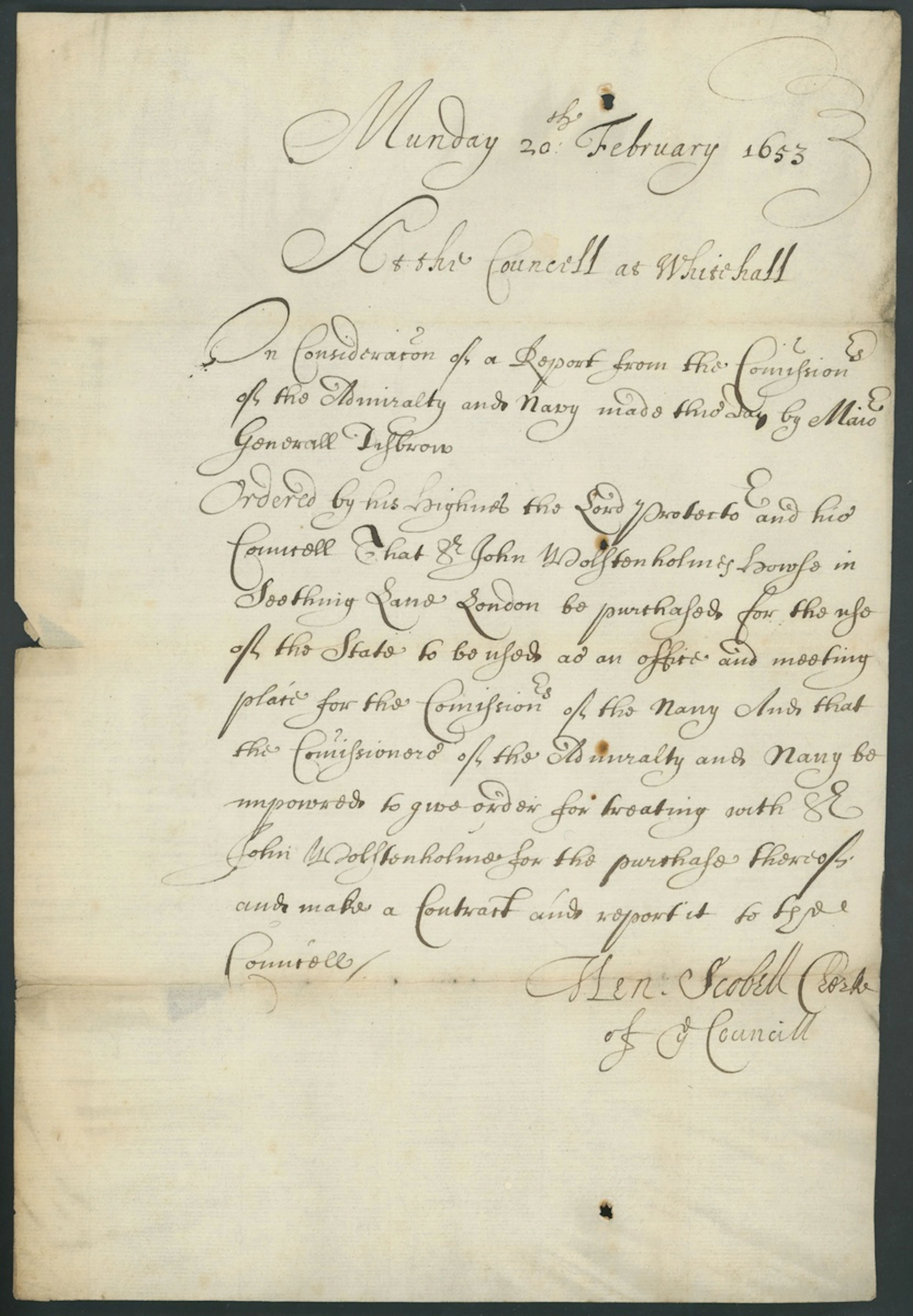 Parliamentary Navy 1653-65 a trio of Naval documents:1653 (20 Feb.)