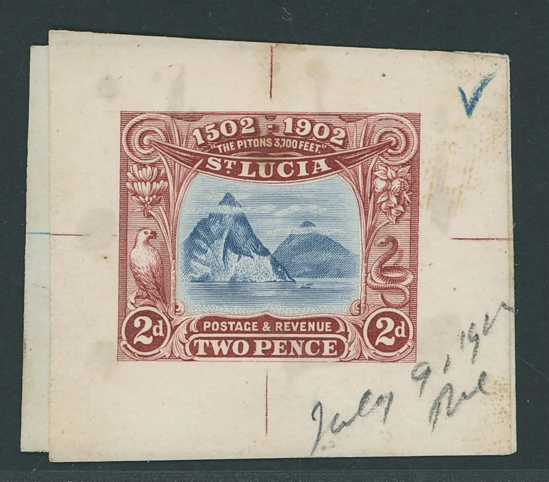 St. Lucia 1902 Pitons 2d. composite essay comprising die proof of