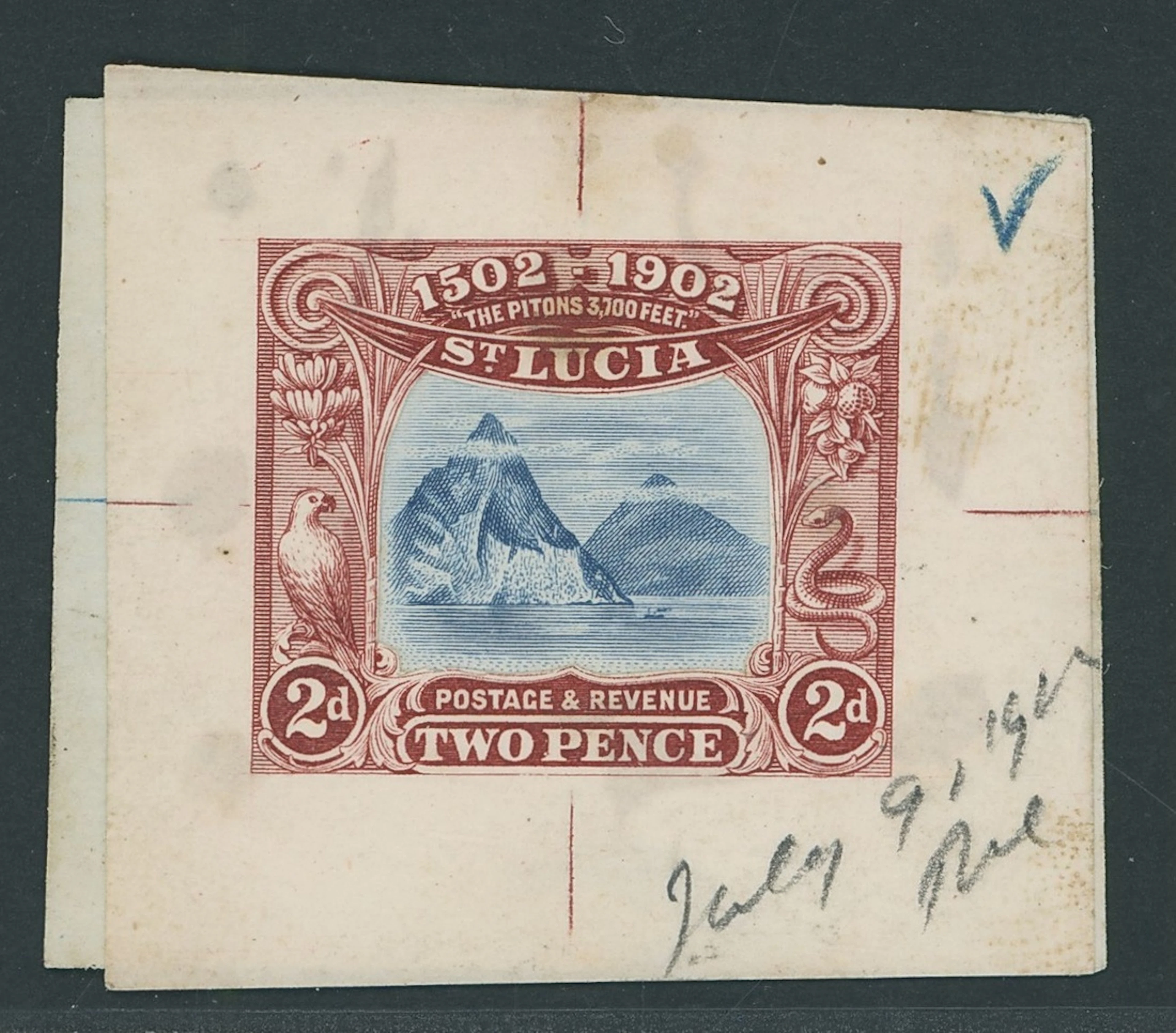 St. Lucia 1902 Pitons 2d. composite essay comprising die proof of