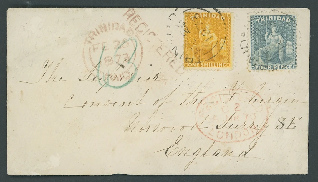 Trinidad Covers and Cancellations 1873 (26 Feb.) envelope registered