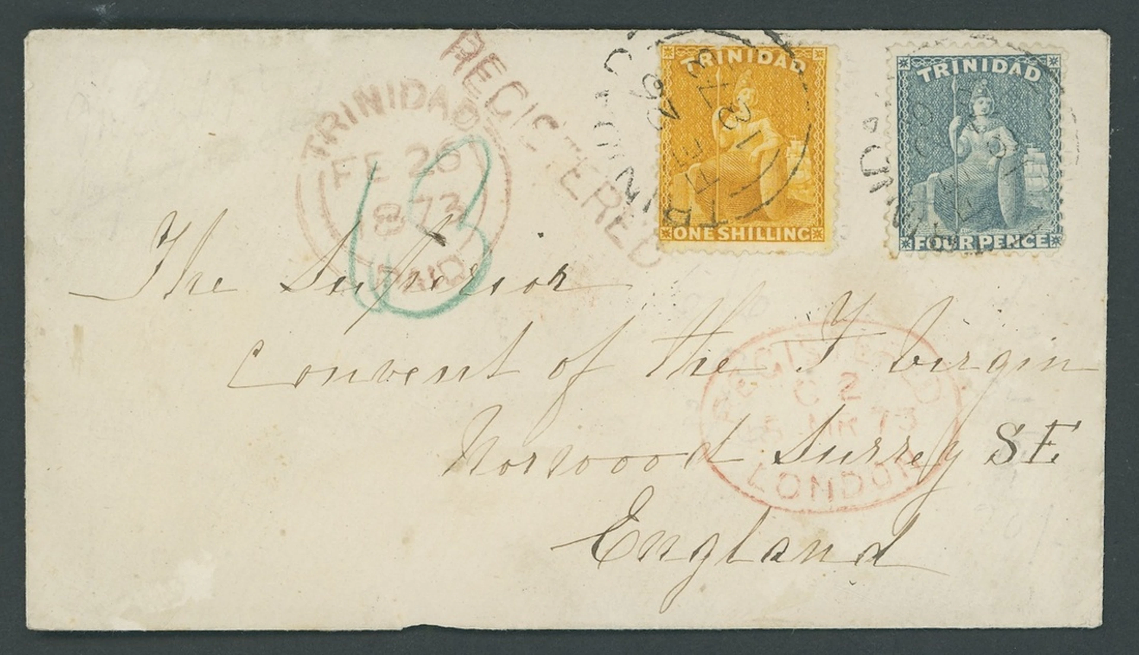 Trinidad Covers and Cancellations 1873 (26 Feb.) envelope registered