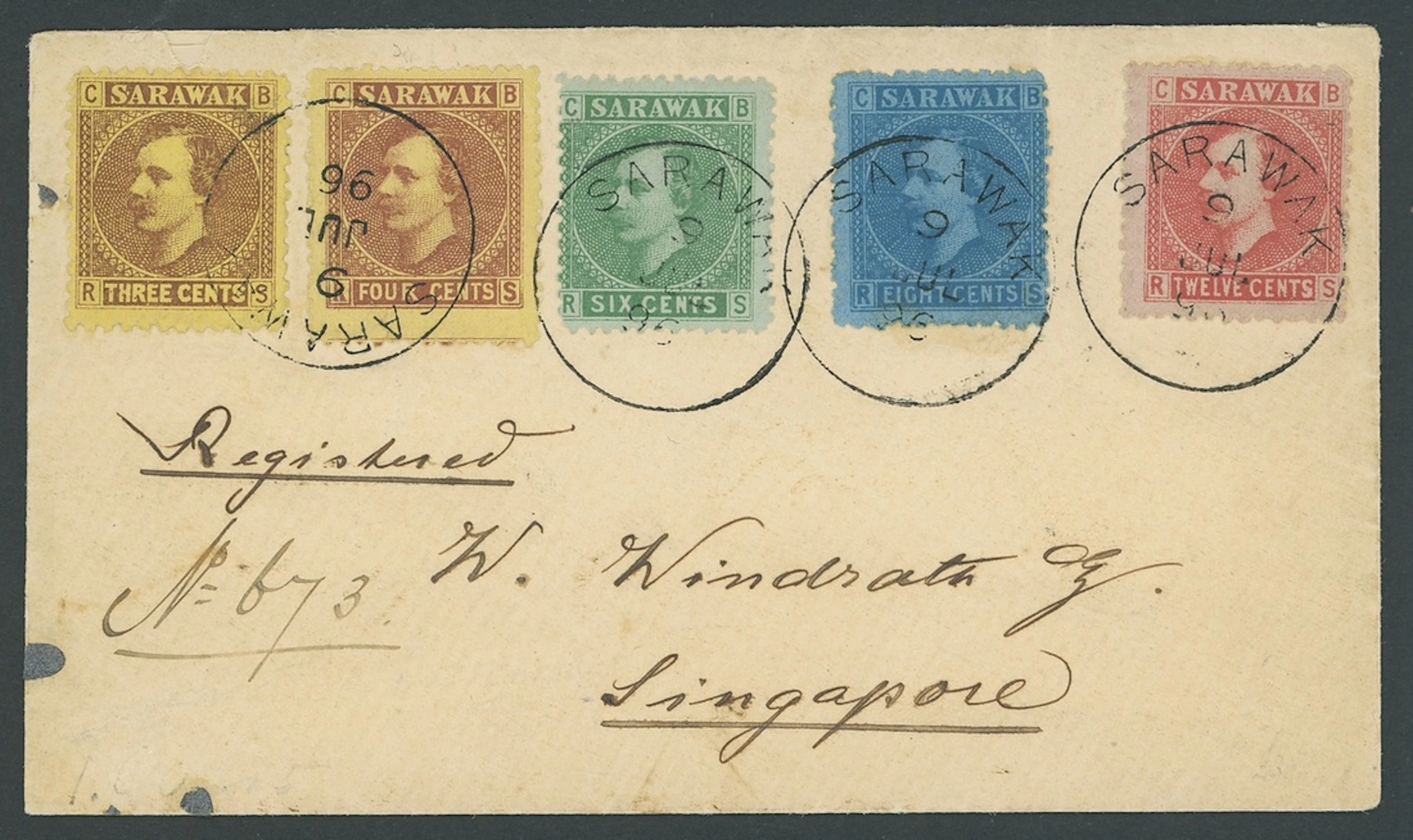 Sarawak 1875 Sir Charles Brooke Covers 1896 (9 July) Windrath envelope
