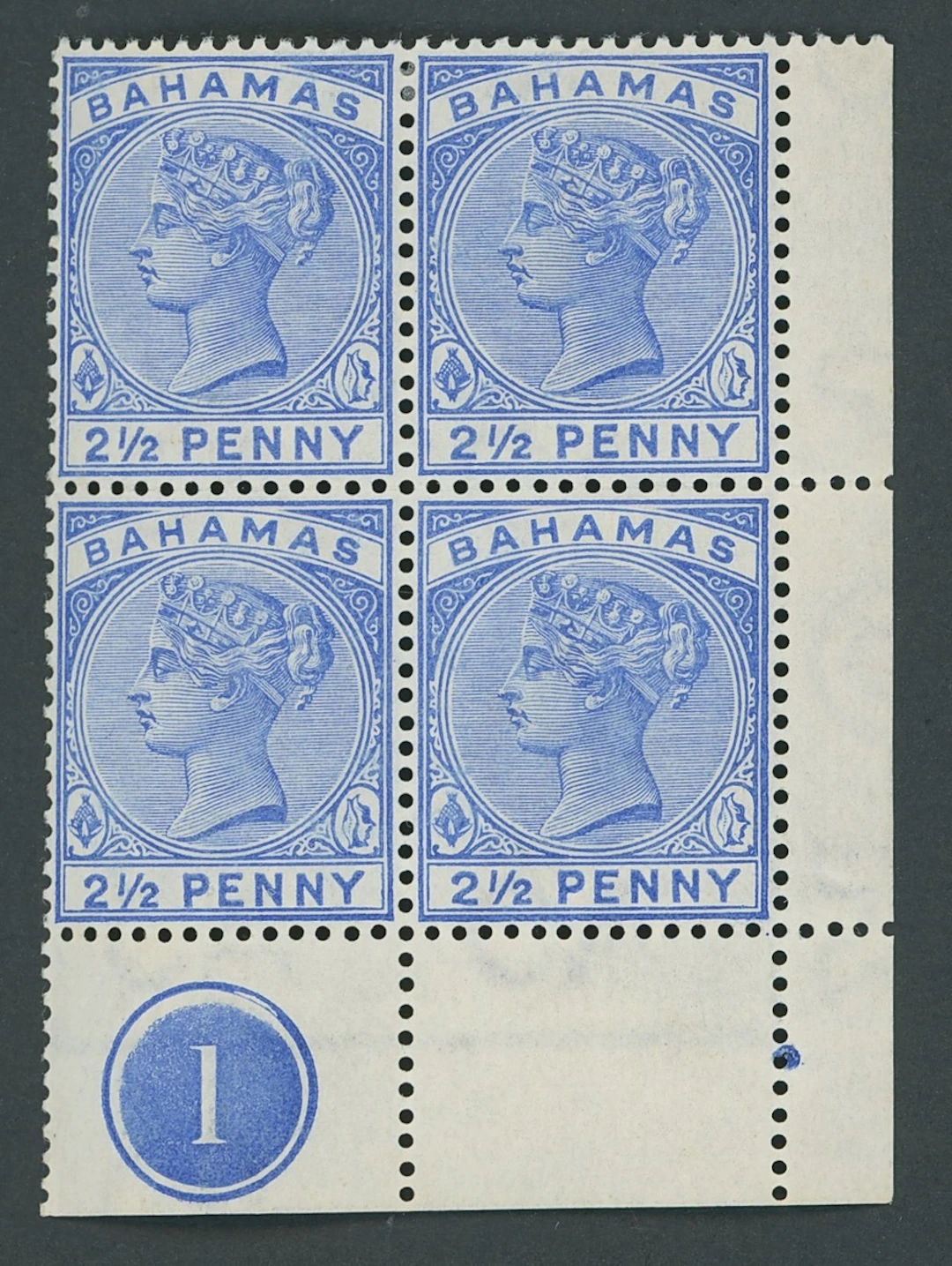 Bahamas 1884-90 CA 2½d. blue, block of four from the lower-right corner