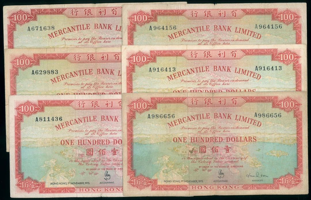 Mercantile Bank Limited, Hong Kong, $100 (6), includes 1970 (2), 1973
