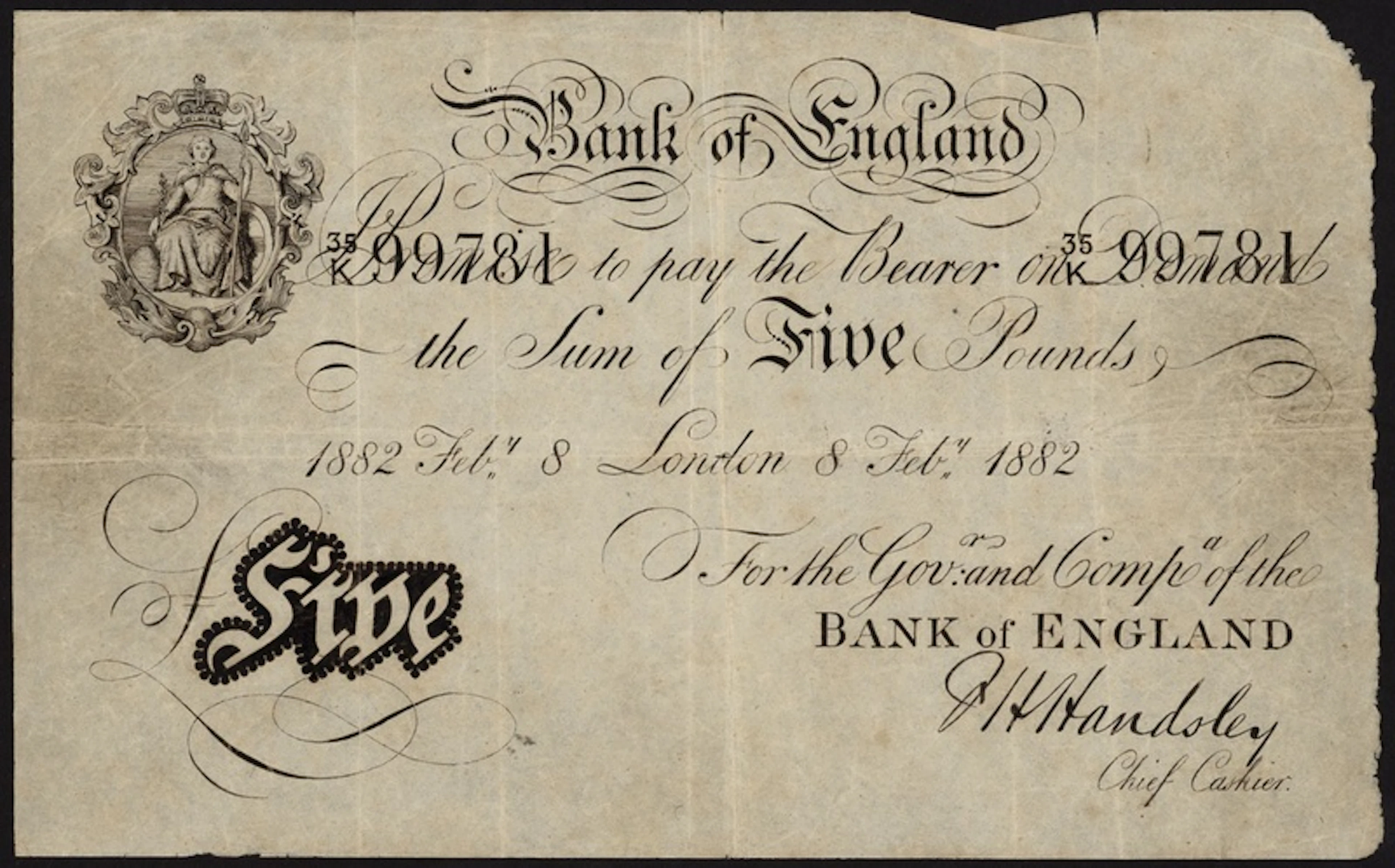 Bank of England, F. May, a contemporary forgery of a £5, London, 8