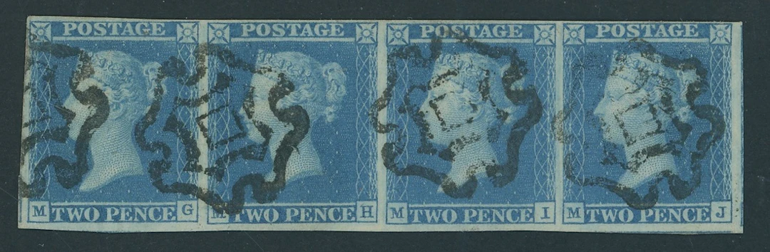 Great Britain 1841 Two Pence Blue Plate 3 MG-MJ horizontal strip of four