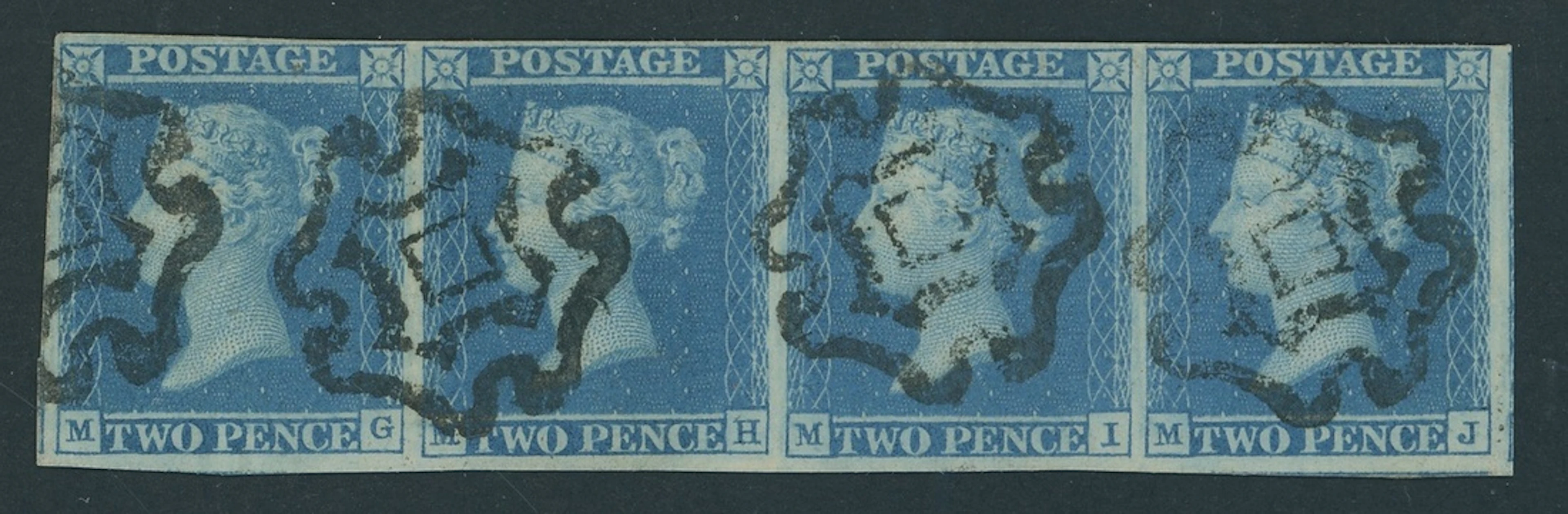 Great Britain 1841 Two Pence Blue Plate 3 MG-MJ horizontal strip of four