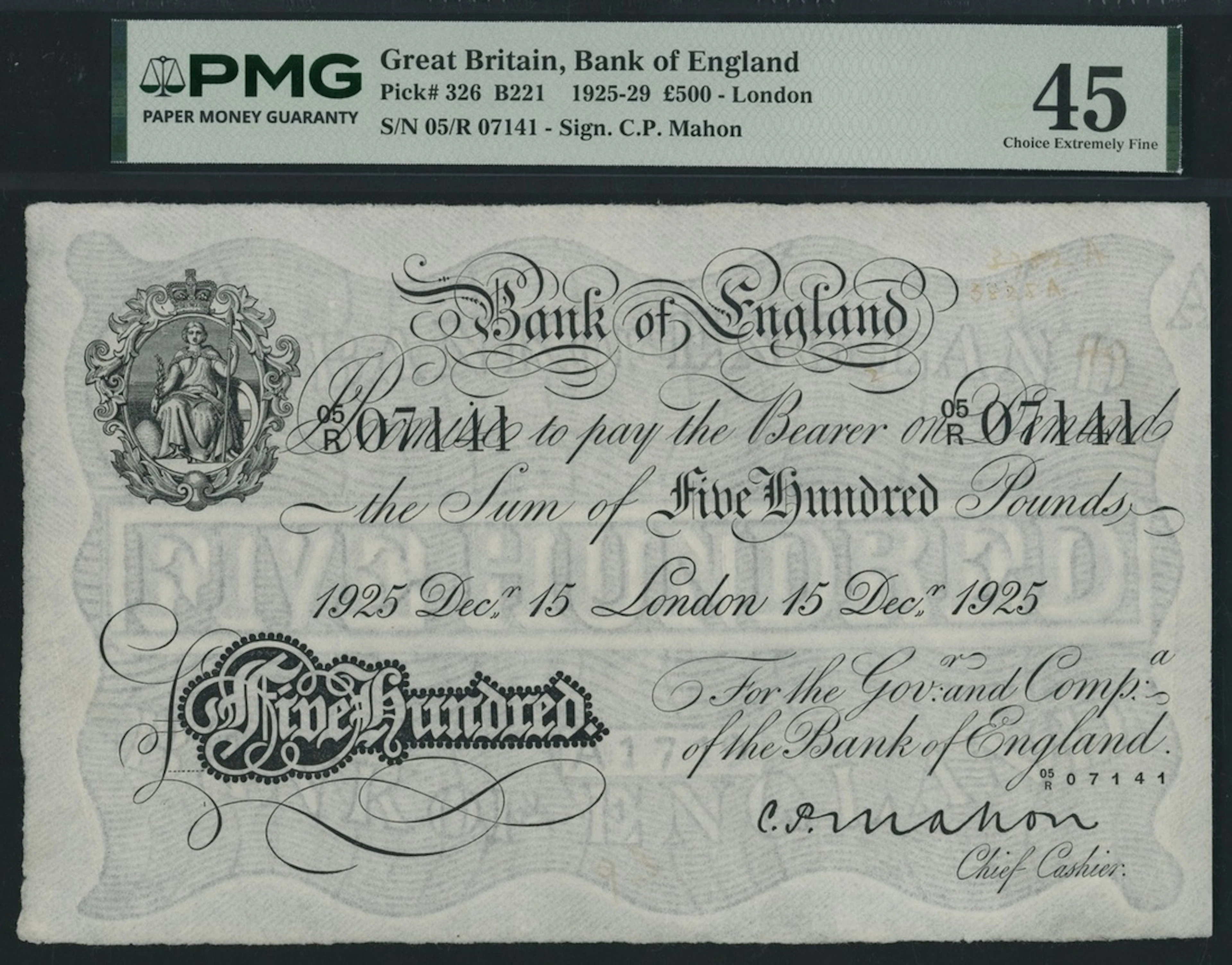 Bank of England, C. P. Mahon, £500, London, 15th December 1925, serial