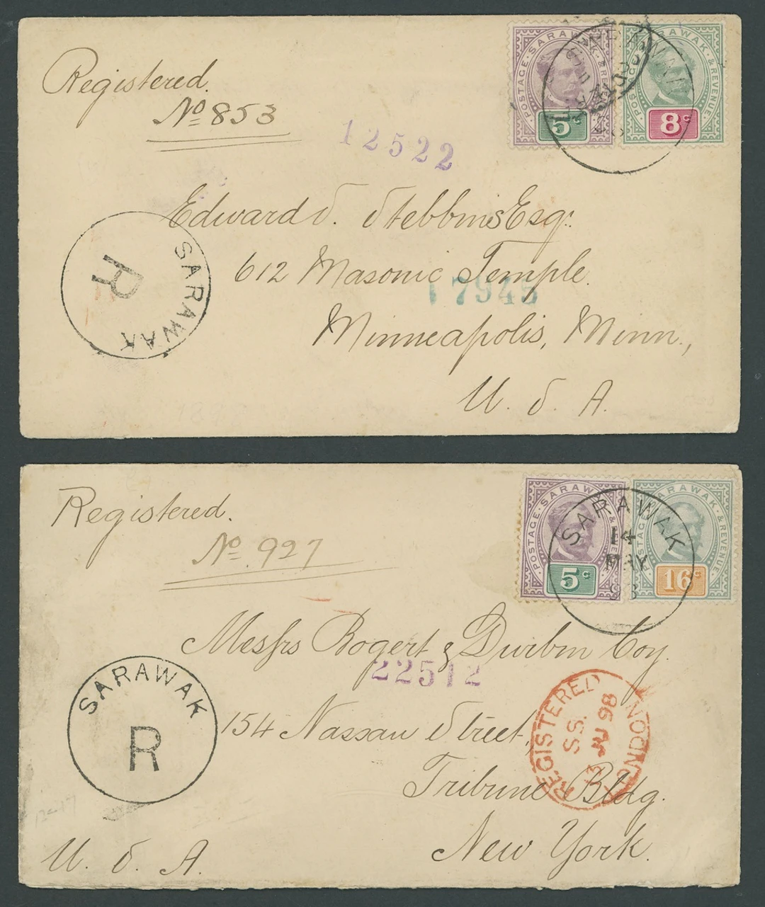 Sarawak 1888-97 "postage & revenue" Issue Covers 1898 envelope registered
