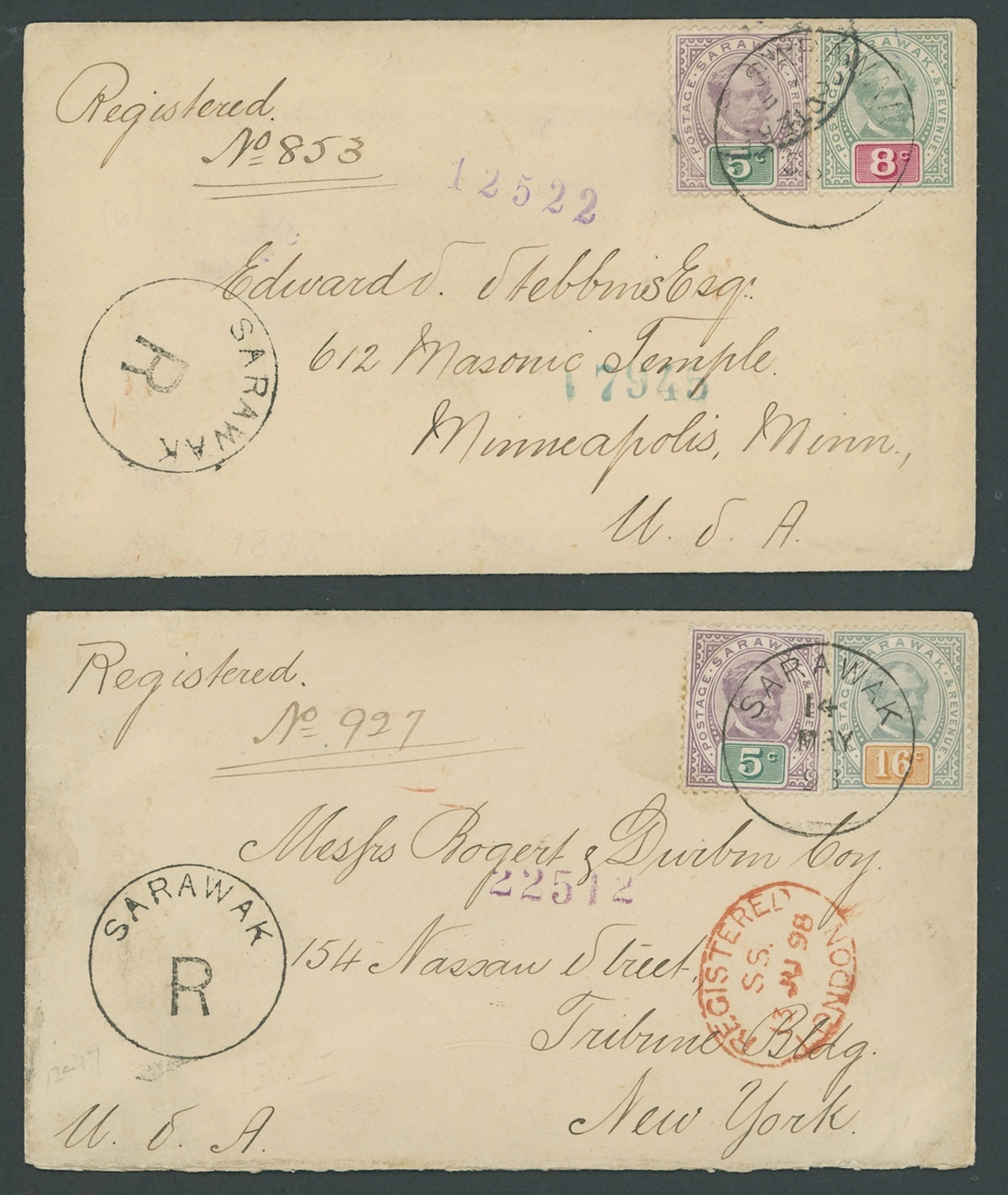 Sarawak 1888-97 "postage & revenue" Issue Covers 1898 envelope registered