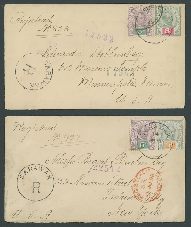 Sarawak 1888-97 "postage & revenue" Issue Covers 1898 envelope registered