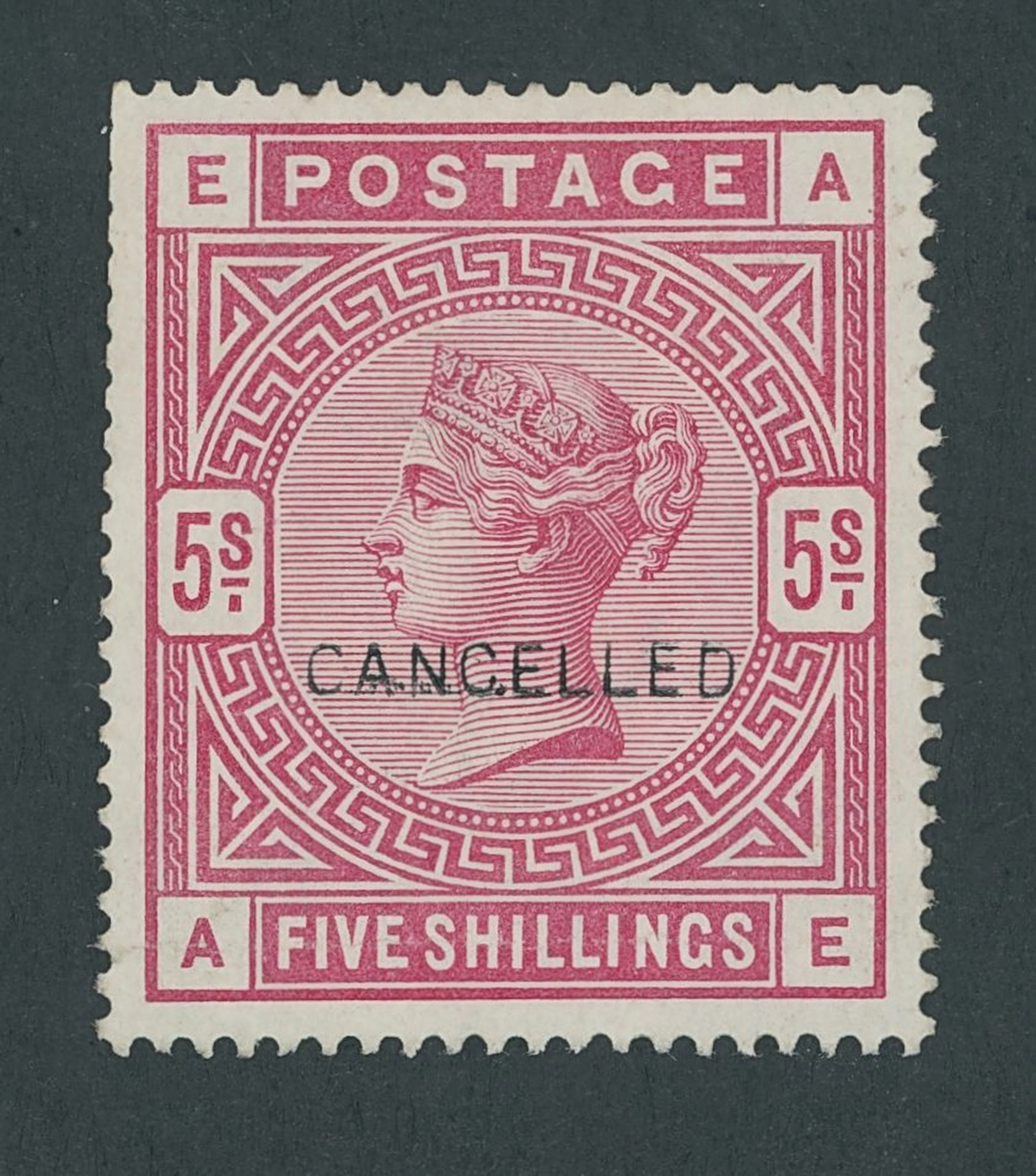 Great Britain 1883-84 White Paper 5/- rose, AE, overprinted "cancelled"