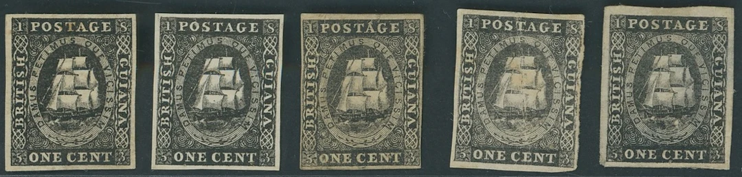 British Guiana 1853 1c. black on thick wove paper, five plate proofs