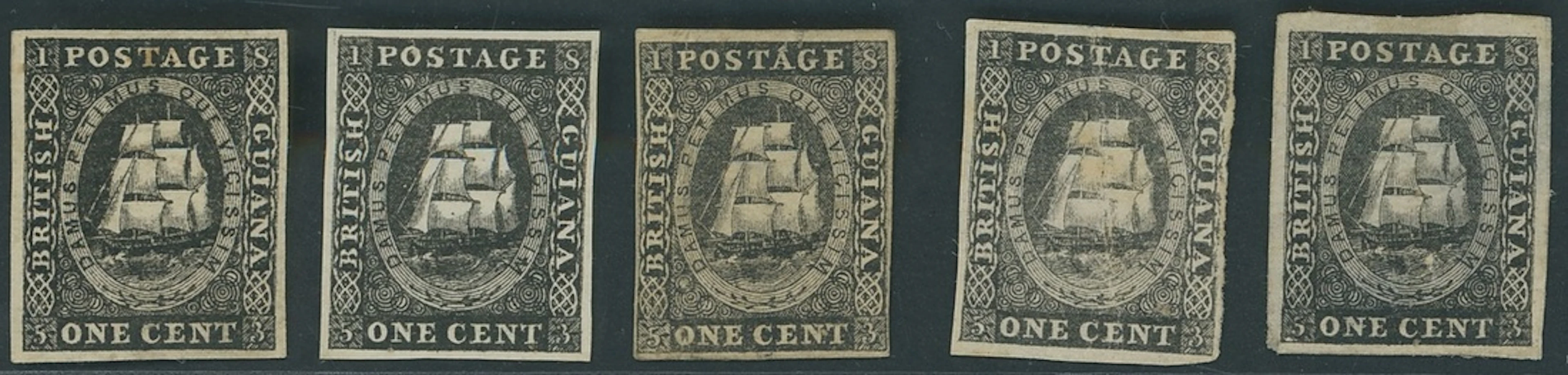 British Guiana 1853 1c. black on thick wove paper, five plate proofs