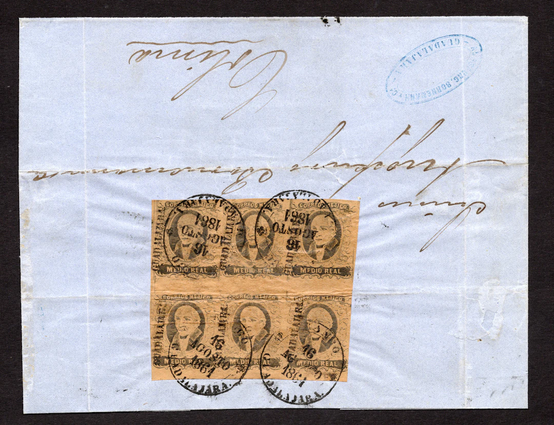 1861 "Hidalgos" Guadalajara. ½r. Black on Brown, spectacular block