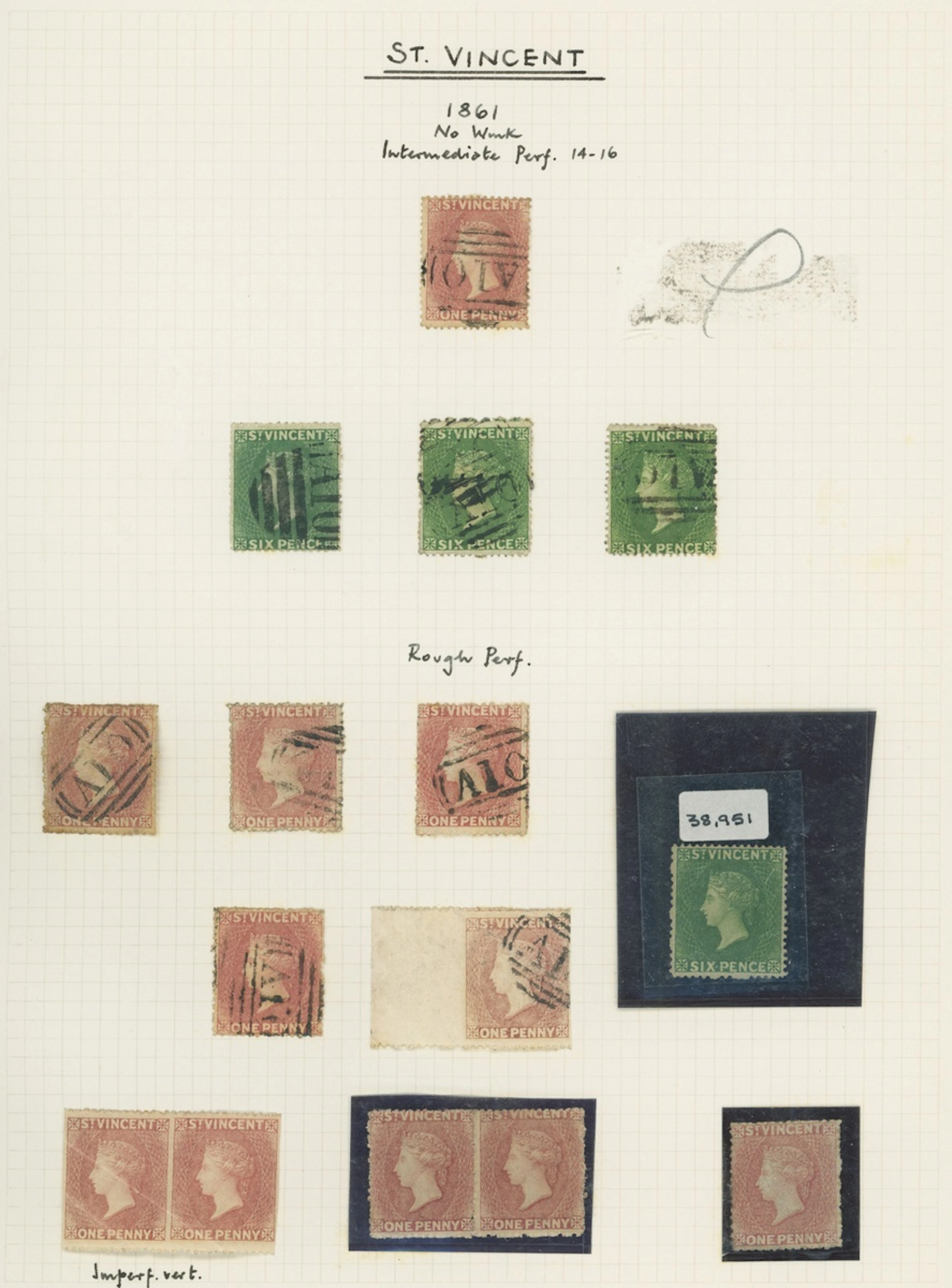St. Vincent 1861 no watermark, rough to intermediate perf 14 to 16