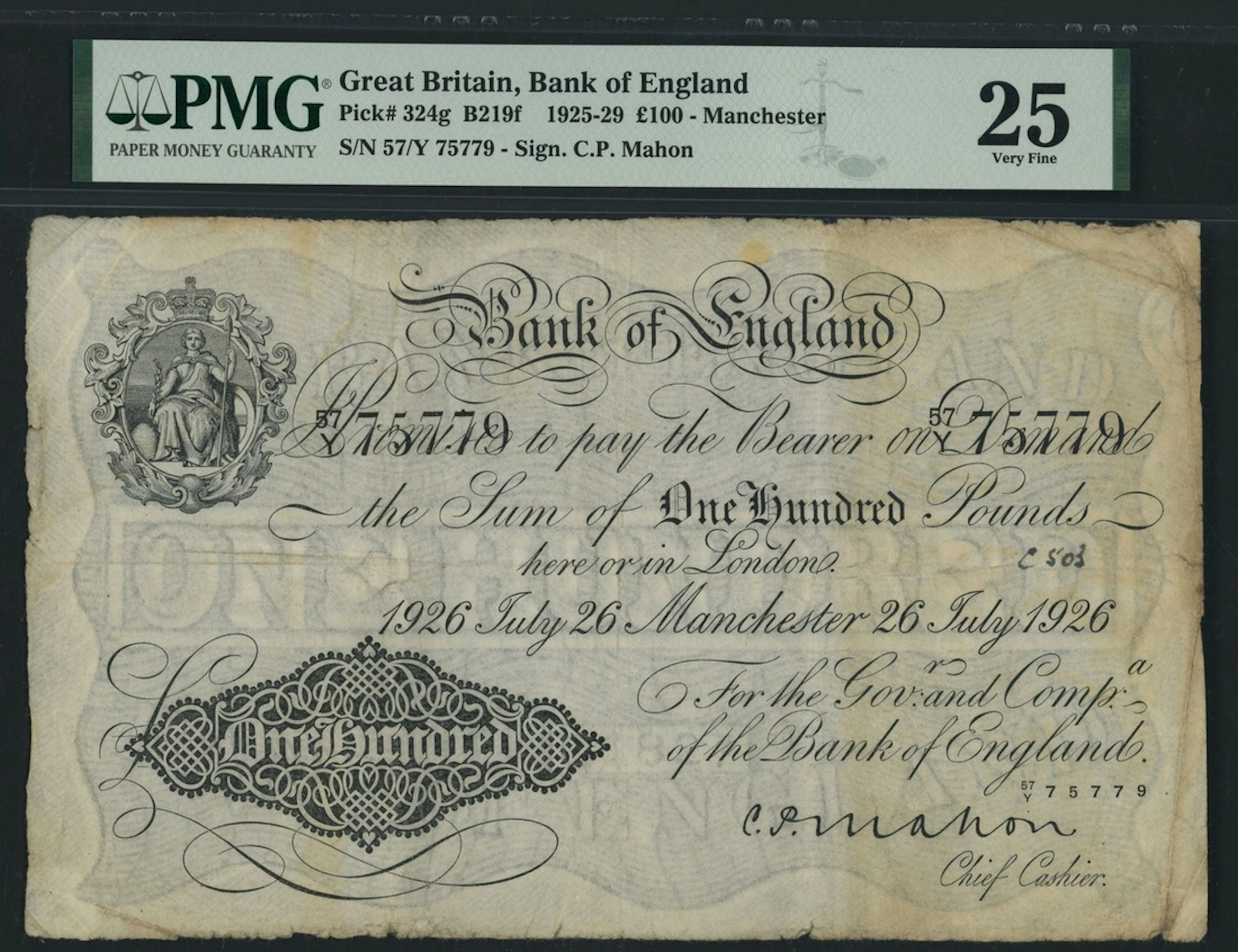 Bank of England, C. P. Mahon, £100, Manchester, 26th July 1926, serial