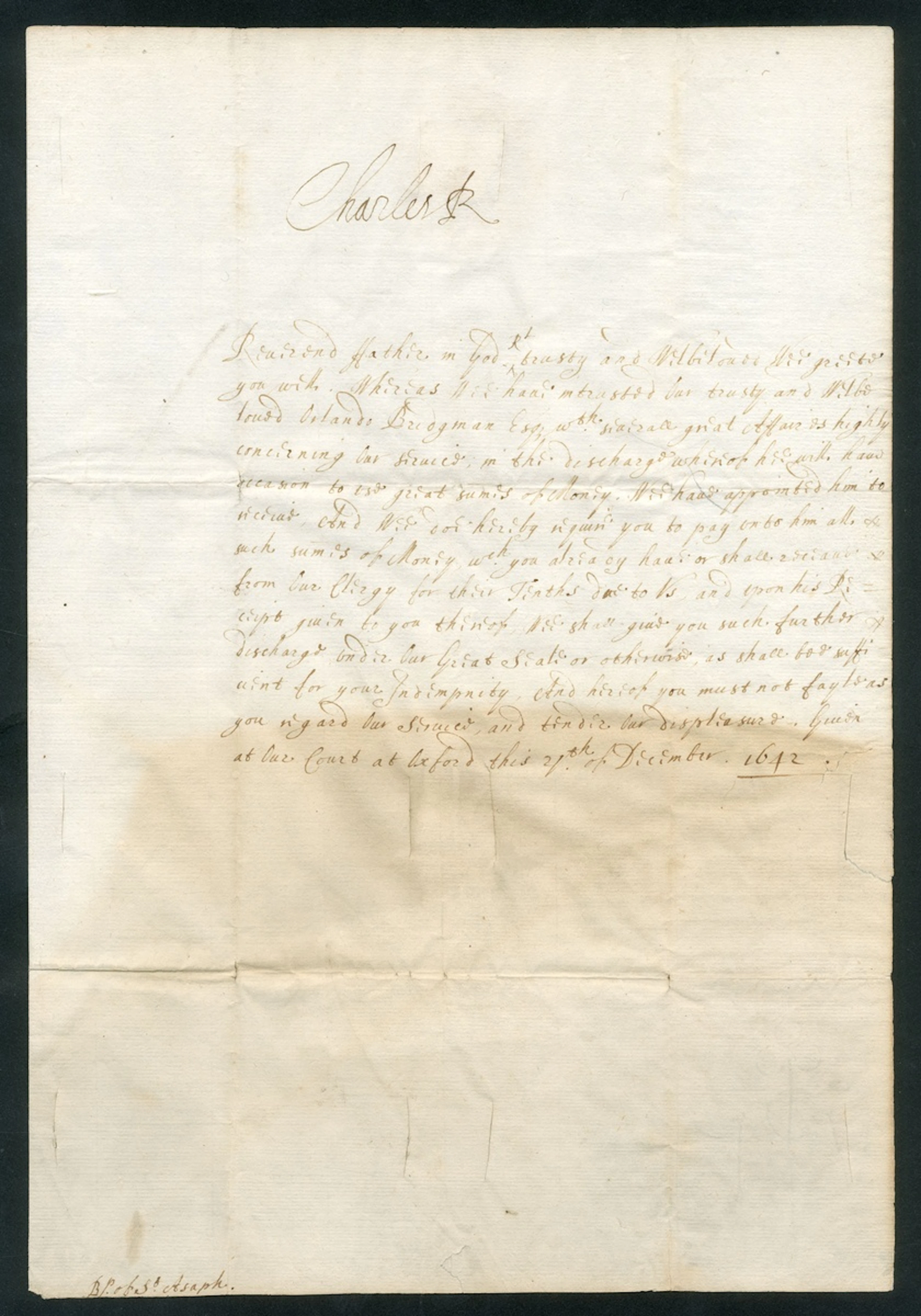 King Charles I 1642 (21 December) letter from "Our Court at Oxford"