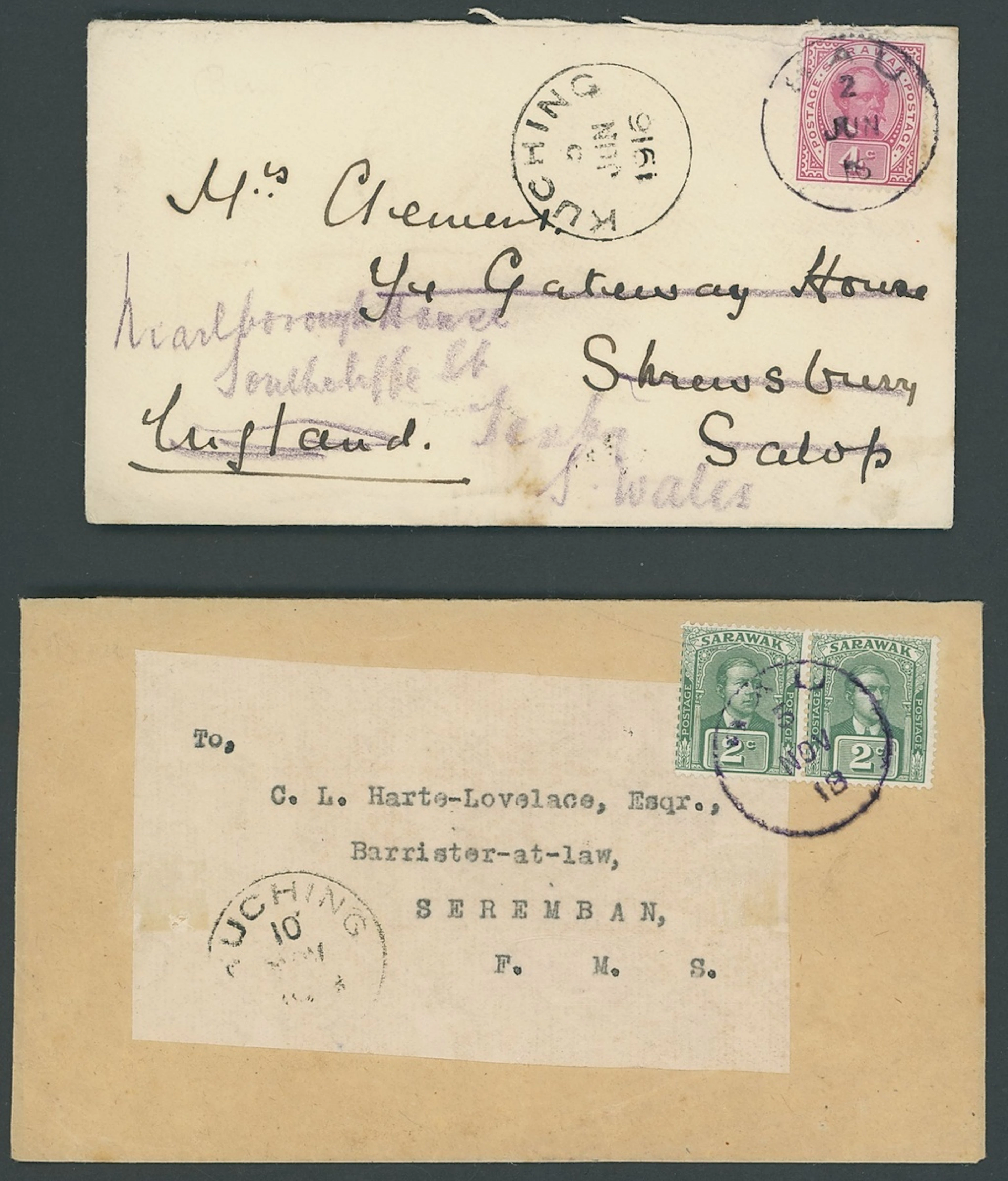 Sarawak Covers and Cancellations 1916 (2 June) Clement envelope to