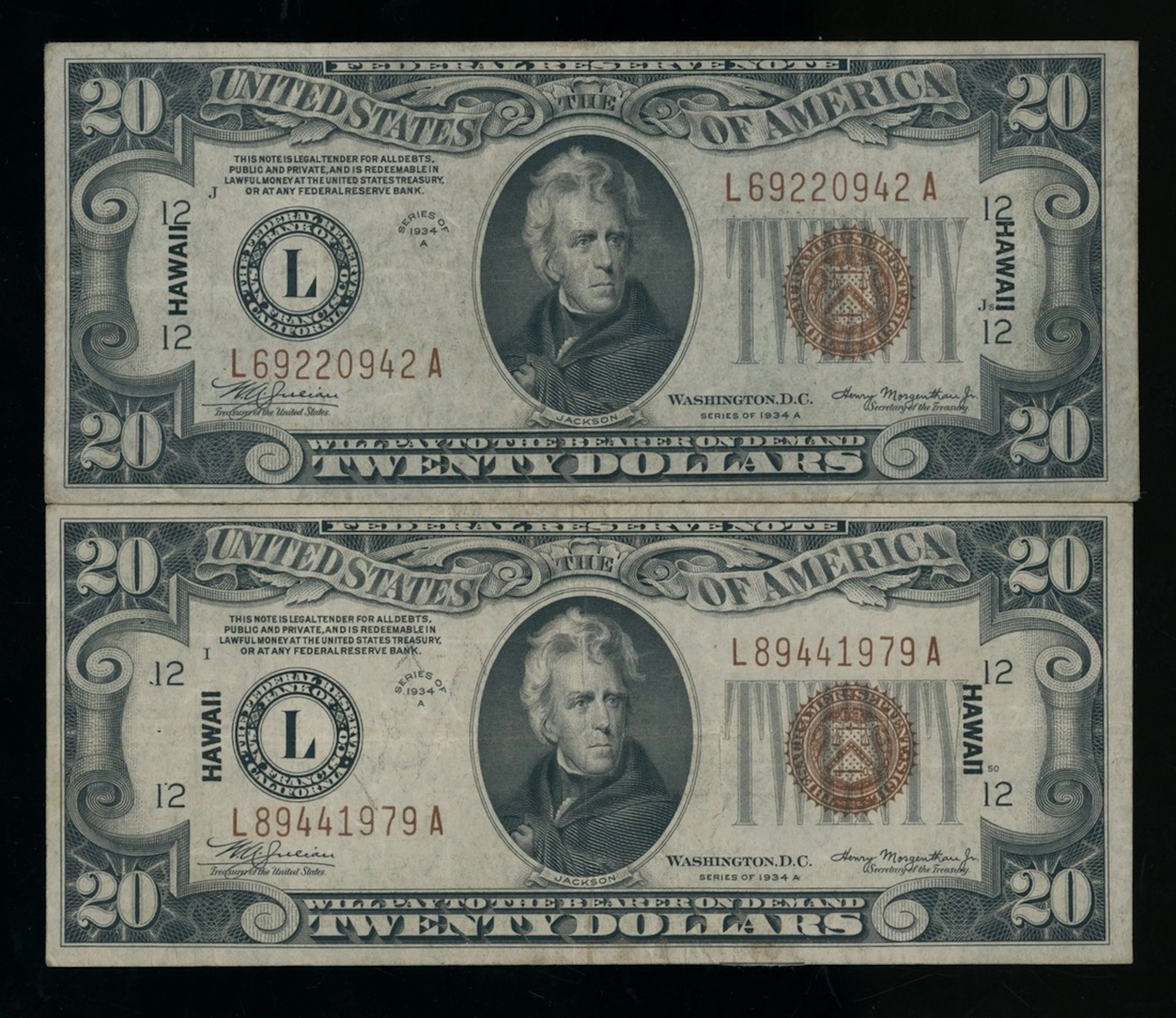 United States, Hawaii Overprint, $20 (2), 1934A, serial number L69220942A