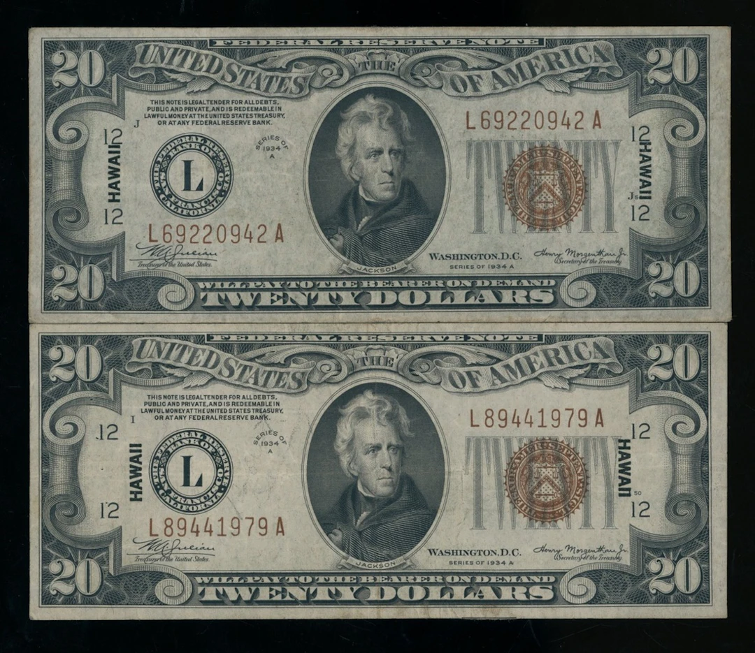 United States, Hawaii Overprint, $20 (2), 1934A, serial number L69220942A