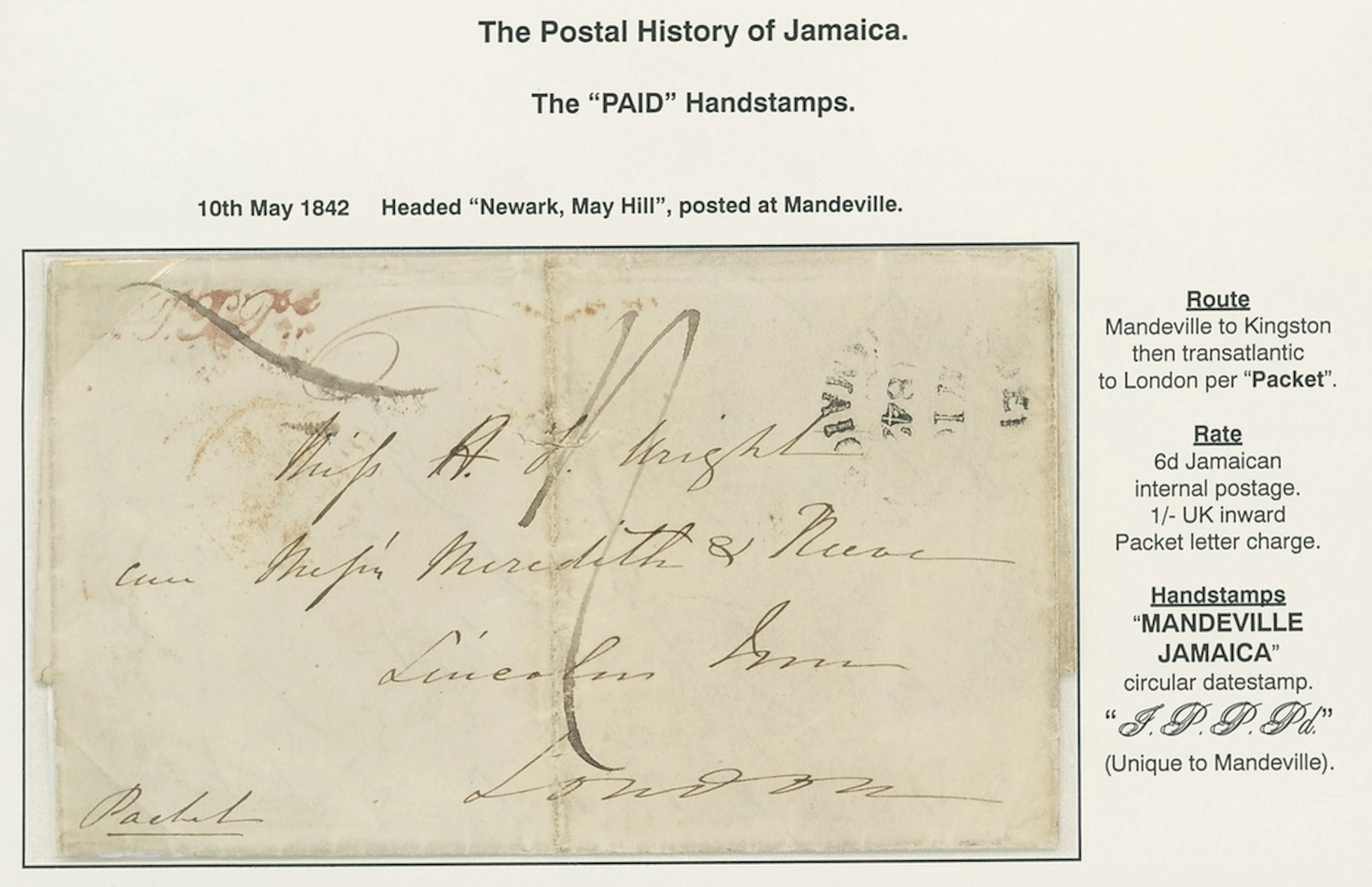 Jamaica Paid Handstamp 1842 (10 May) entire letter from Mandeville