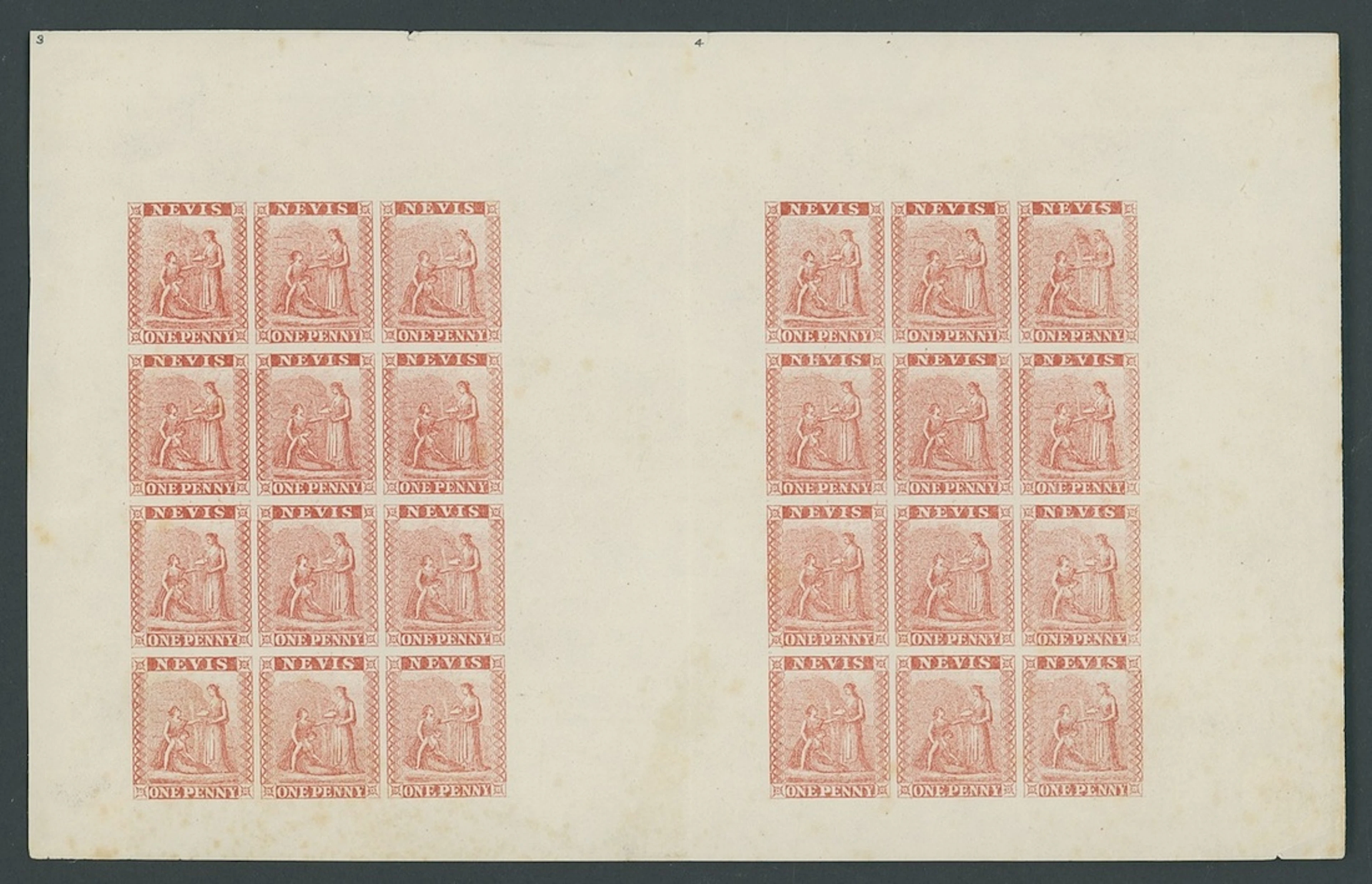 Nevis 1871-78 lithographed 1d. vermilion-red, complete imperforate