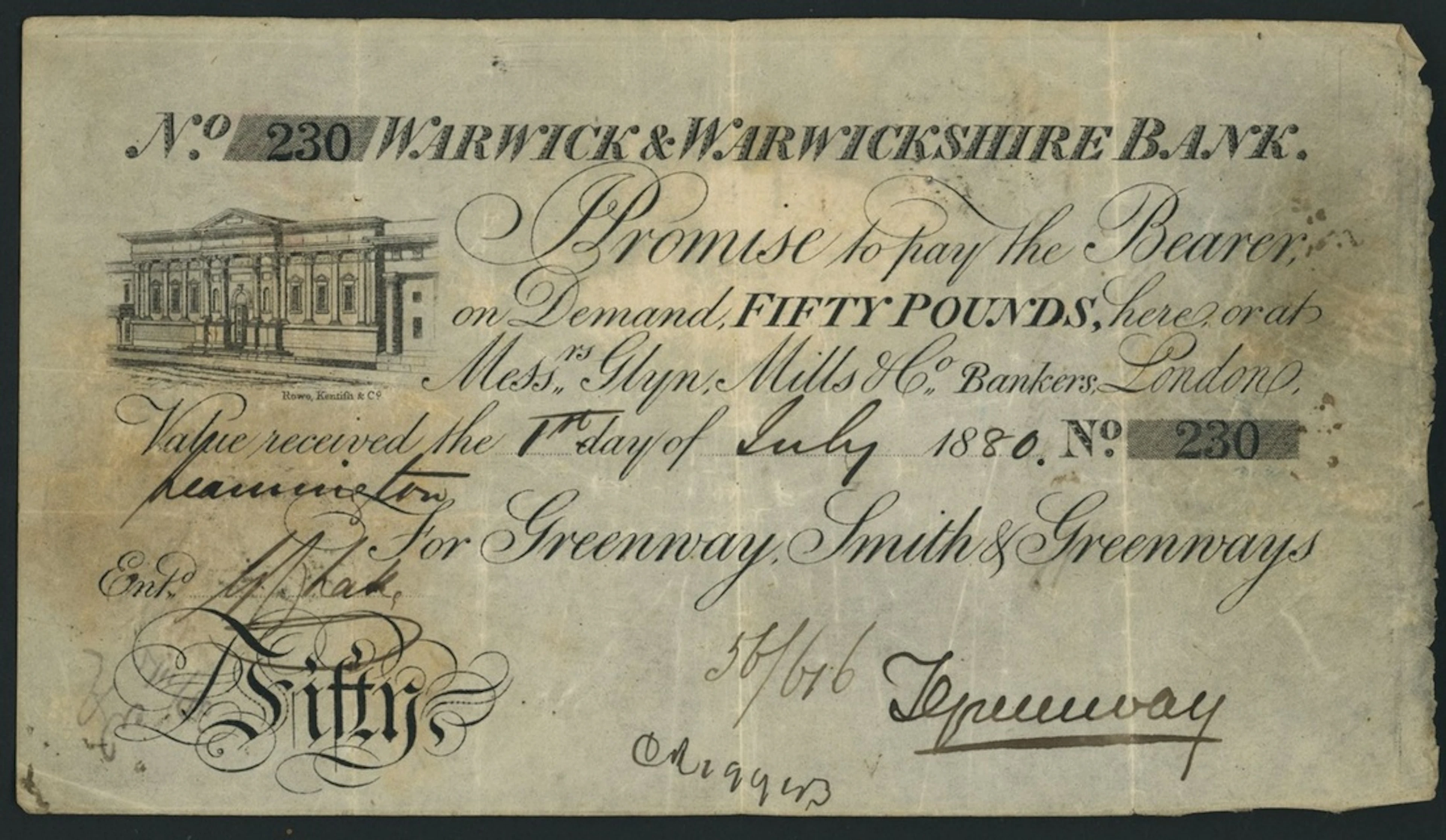 Warwick & Warwickshire Bank, for Greenway, Smith & Greenways, £50