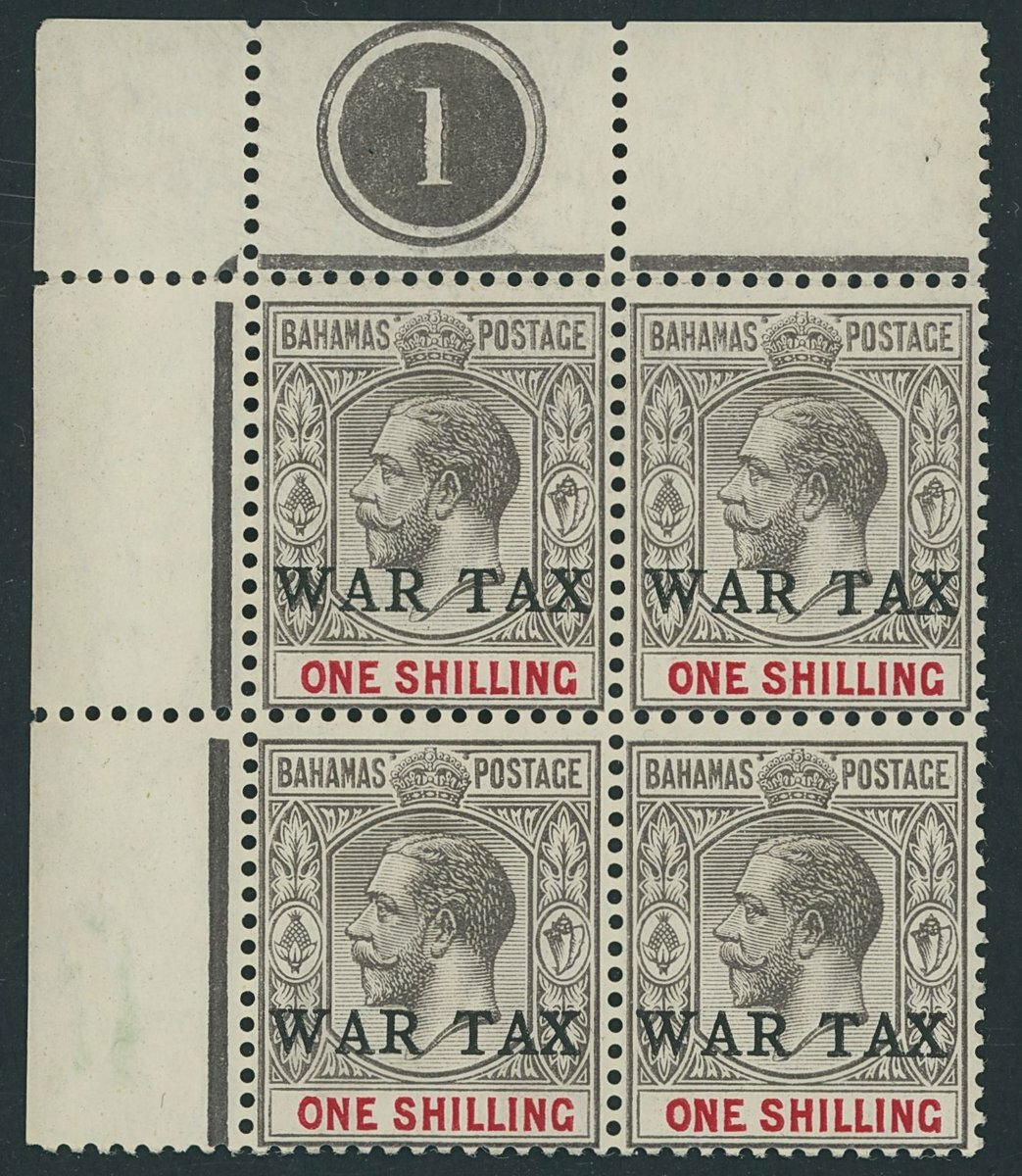 Bahamas 1914 (Feb.) War Tax 1/- grey-black and carmine, a top left