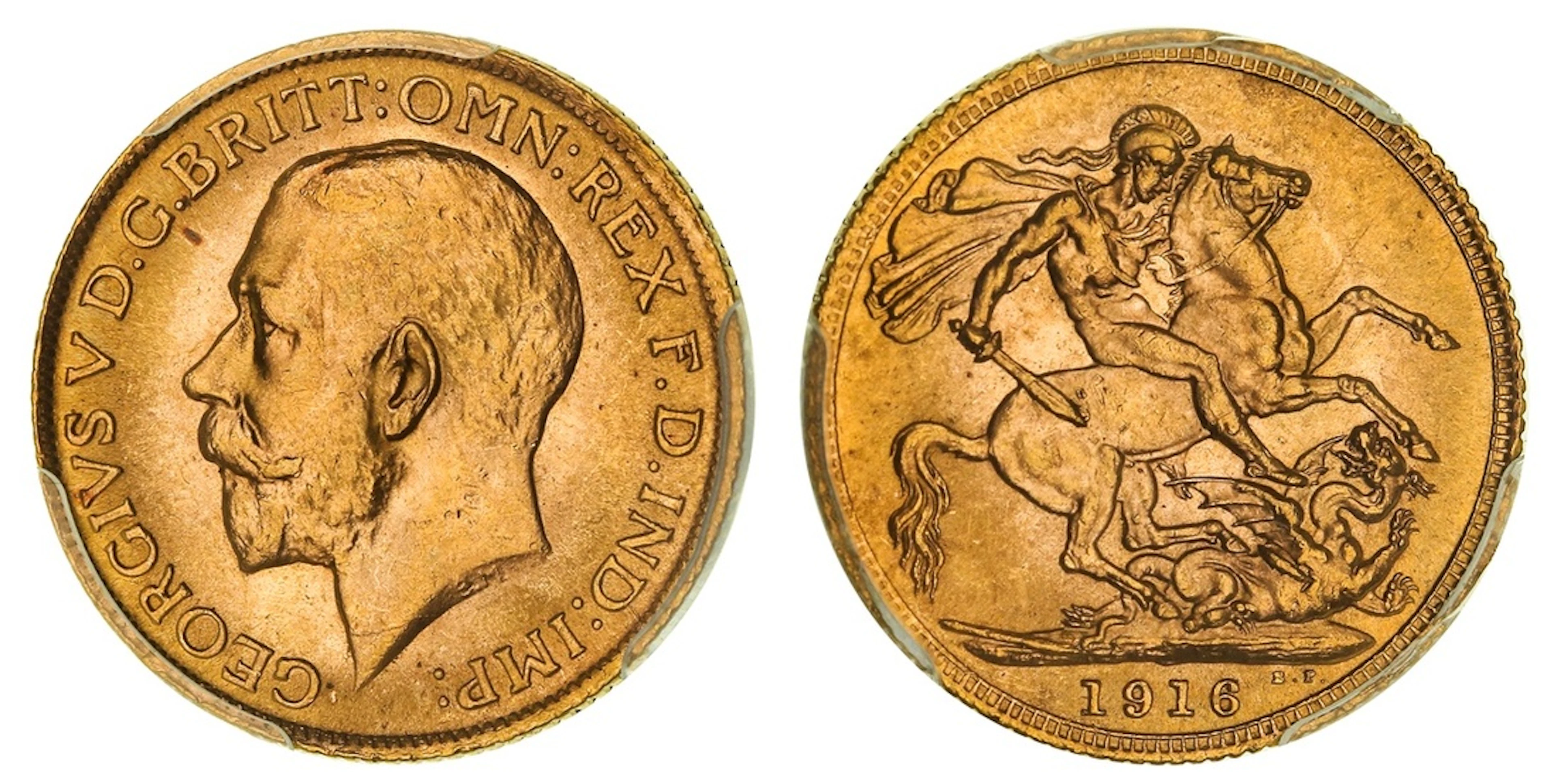 PCGS MS65 | George V (1910-1936), Sovereign, 1916, London, by Bertram