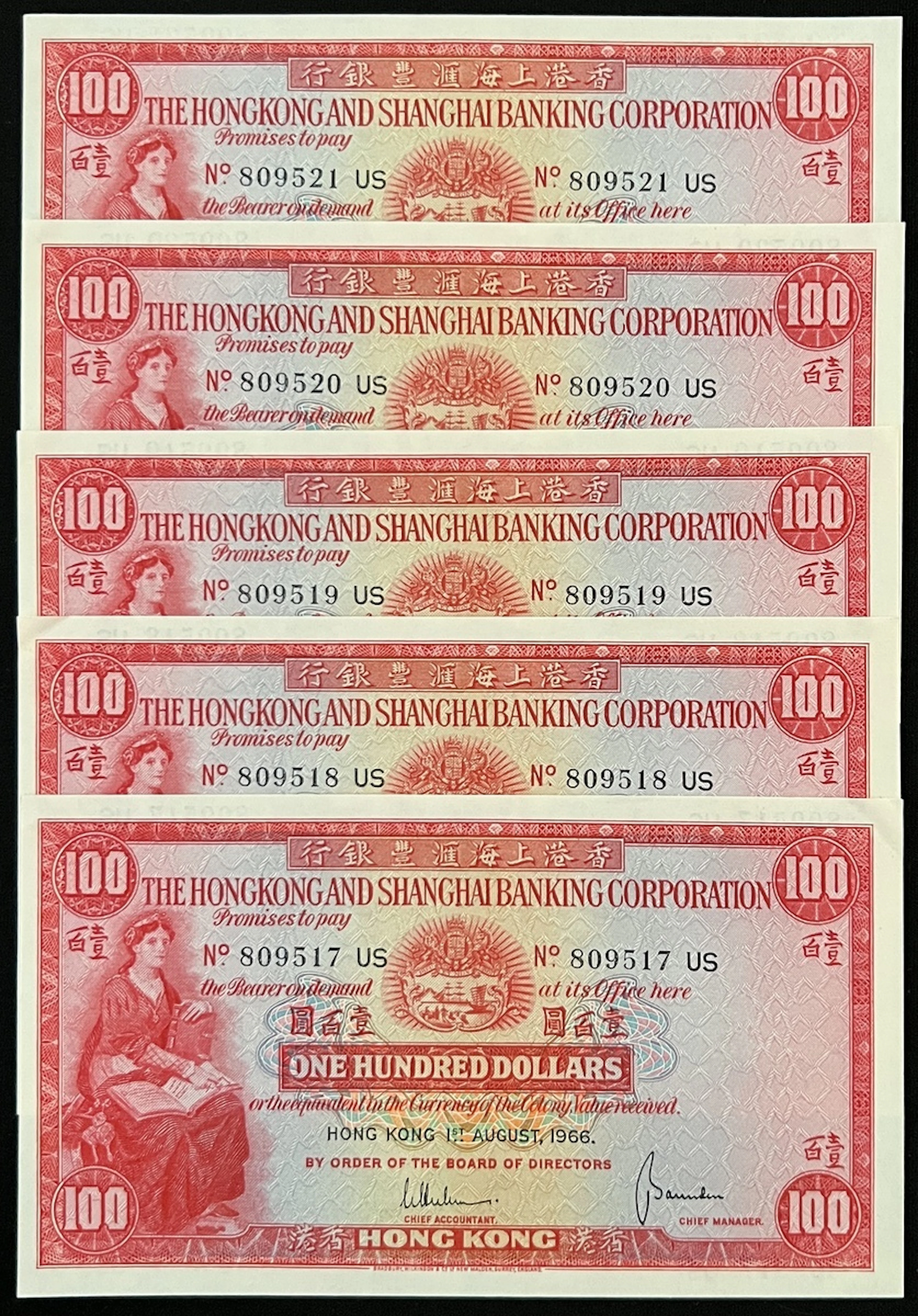 HongKong & Shanghai Banking Corporation, consecutive $100 (5), 1.8.1966