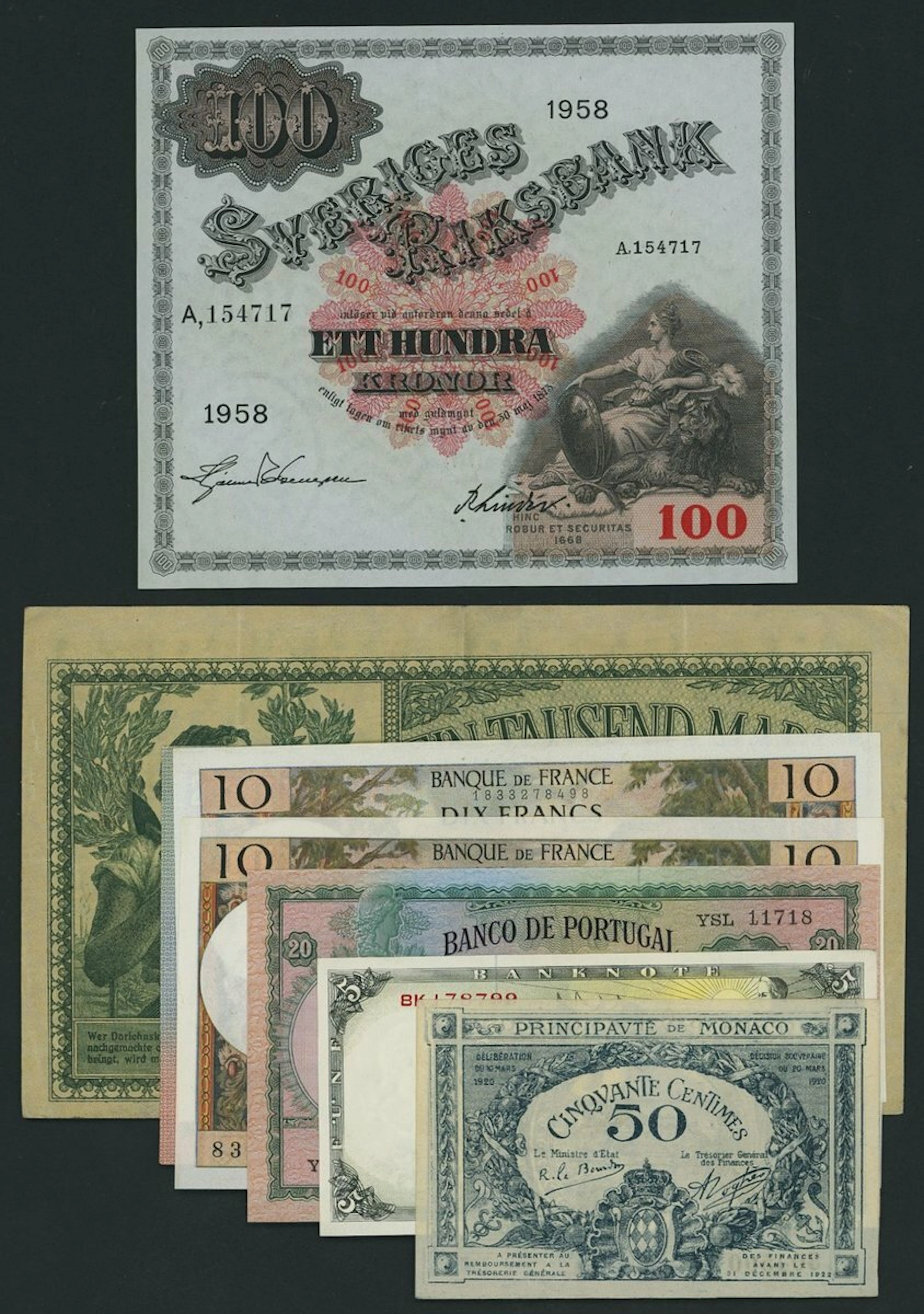 Europe, [8 notes] 10 Francs, 20 Kronen, 20 Escudos, 50 Centimes, 100