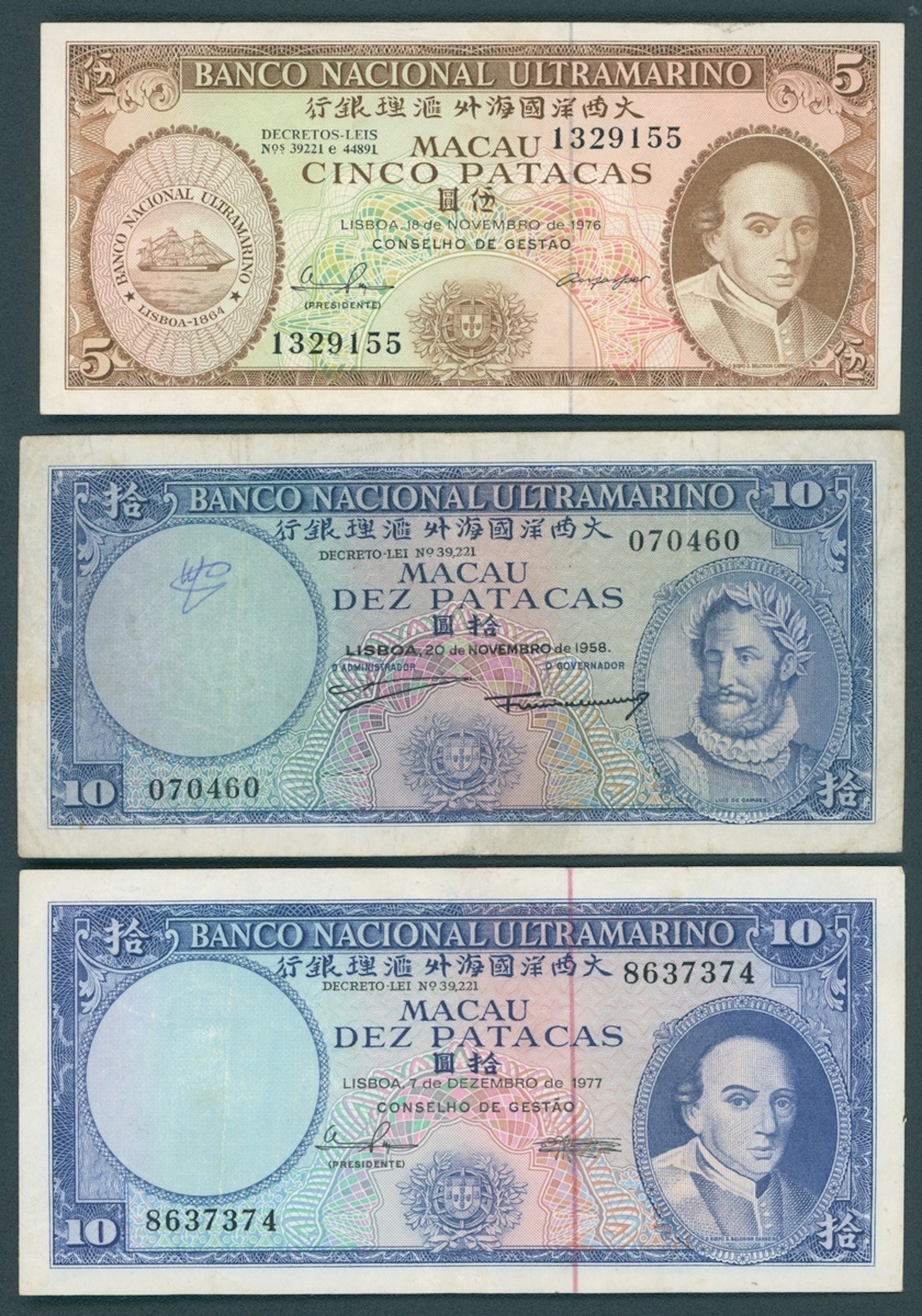 Banco Nacional Ultramarino, Macau, a group of 3x, including: (Pick 55, 45, 54)