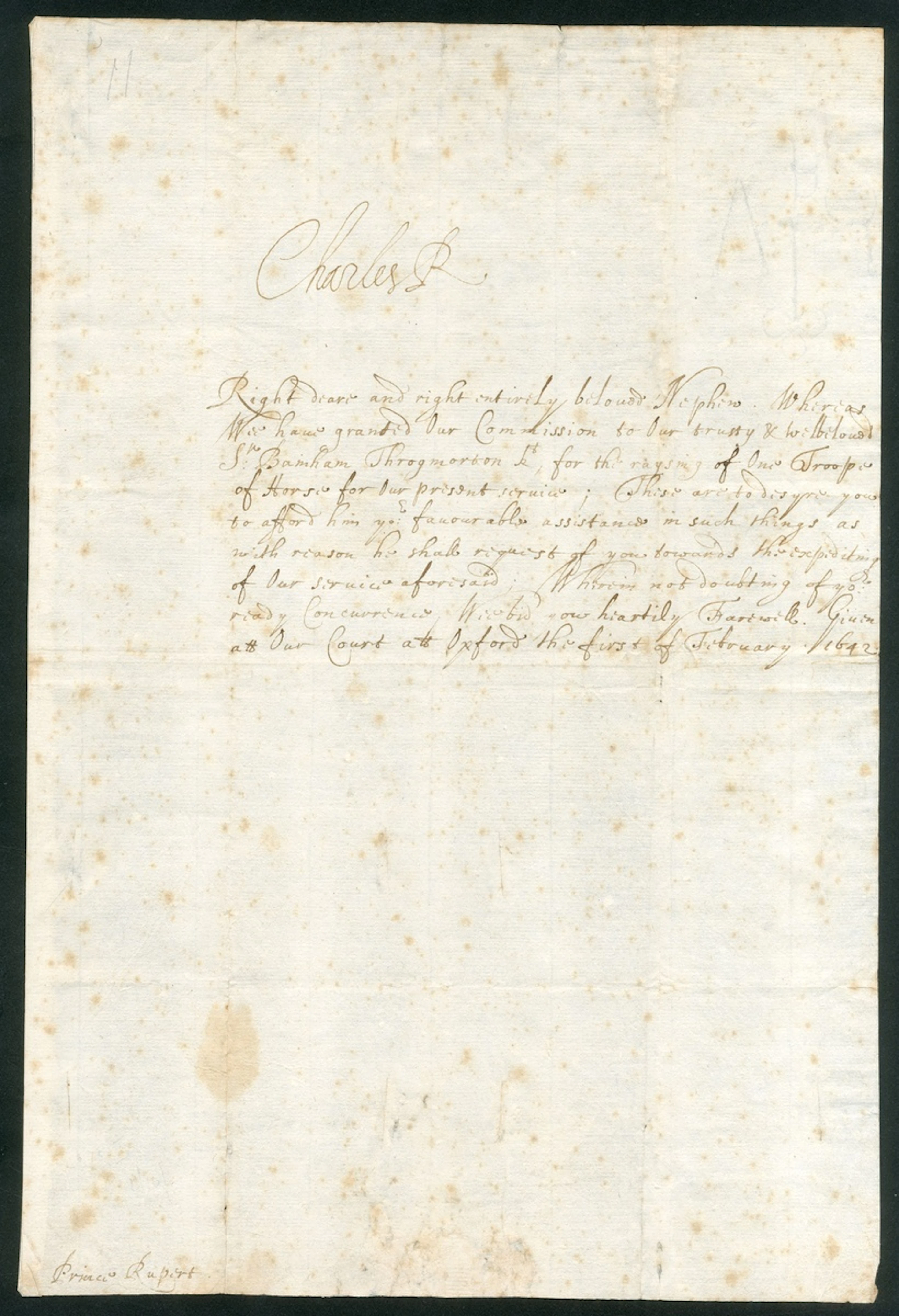King Charles I in Oxford to Prince Rupert 1642 (1 Feb.) letter from