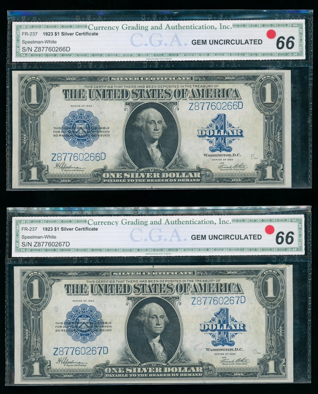 United States, Silver Certificate, consecutive pair of $1, 1923, serial