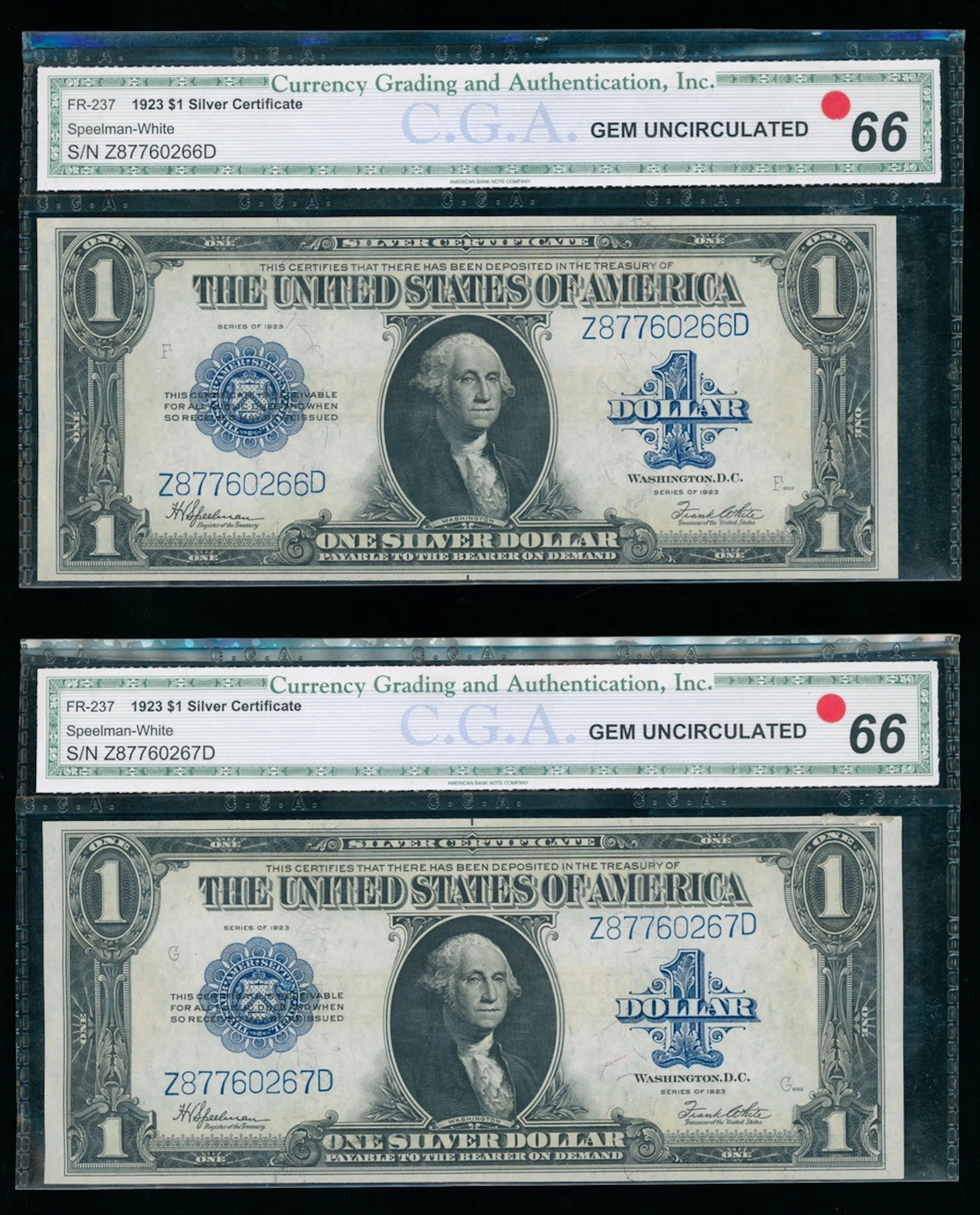 United States, Silver Certificate, consecutive pair of $1, 1923, serial