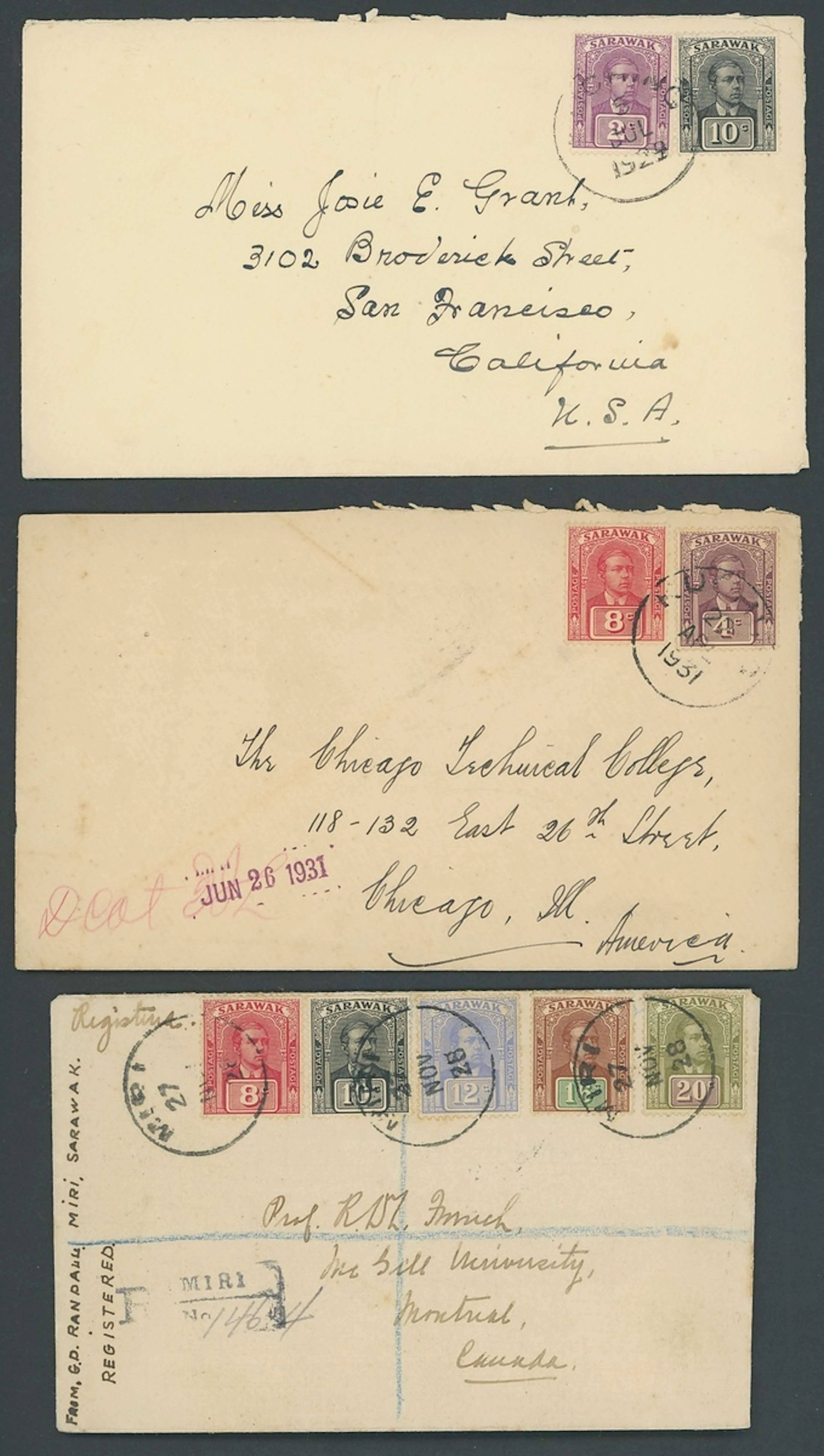 Sarawak 1928-29 Sir Chrles Vyner Brooke Covers 1928-31 envelopes (8