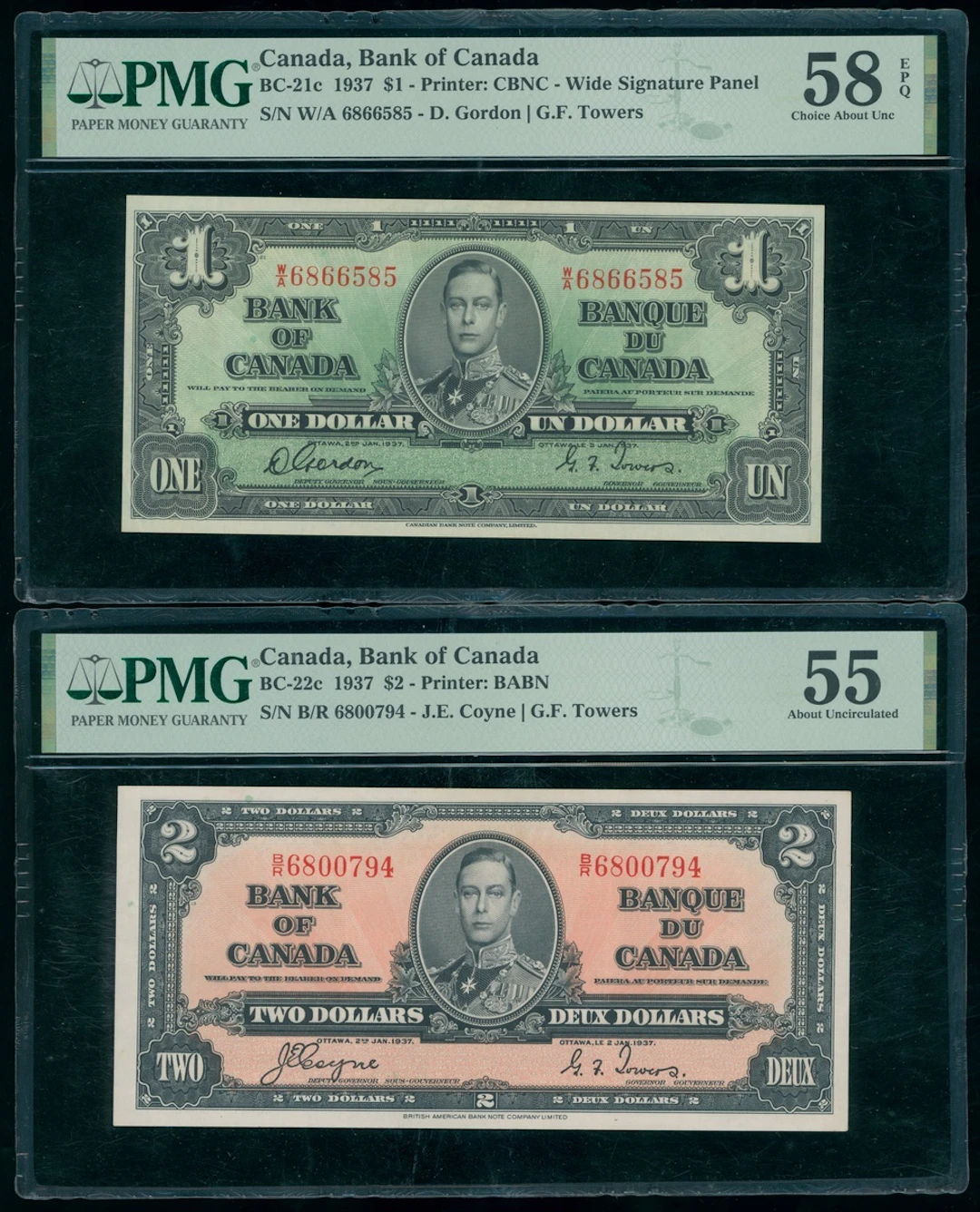Bank of Canada, a pair, 1937, including $1 and $2, (Pick 58, 59)