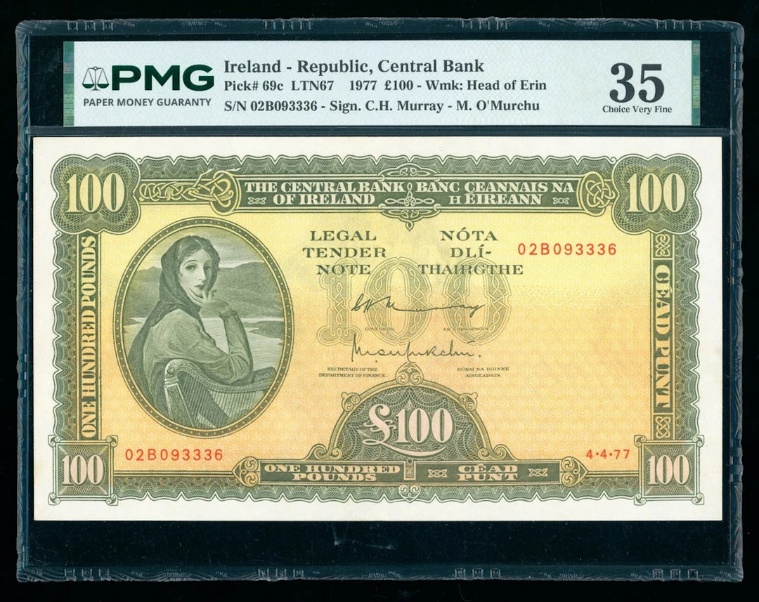 Central Bank of Ireland, £100, 4.4.1977, serial number 02B93336, (Pick