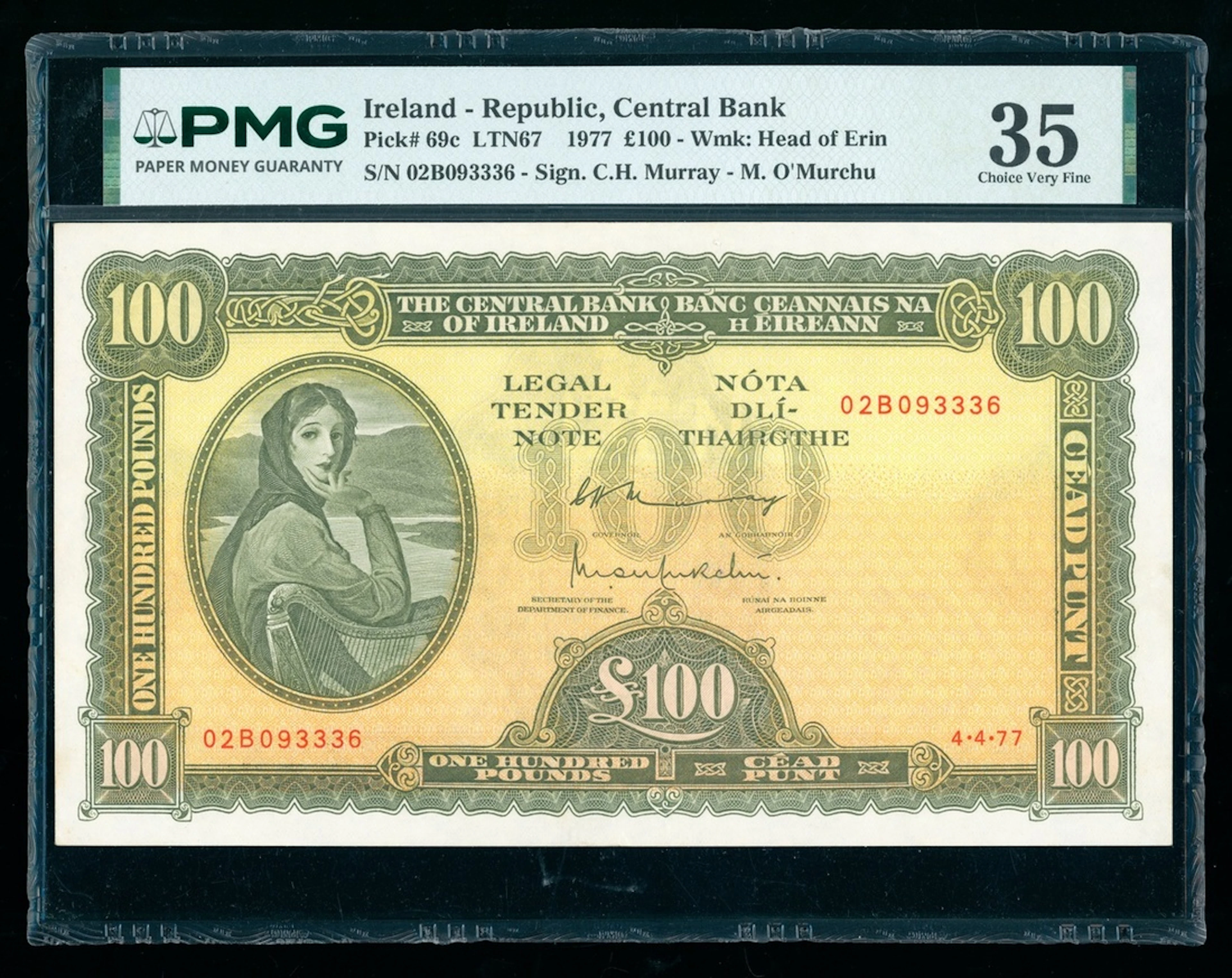Central Bank of Ireland, £100, 4.4.1977, serial number 02B93336, (Pick