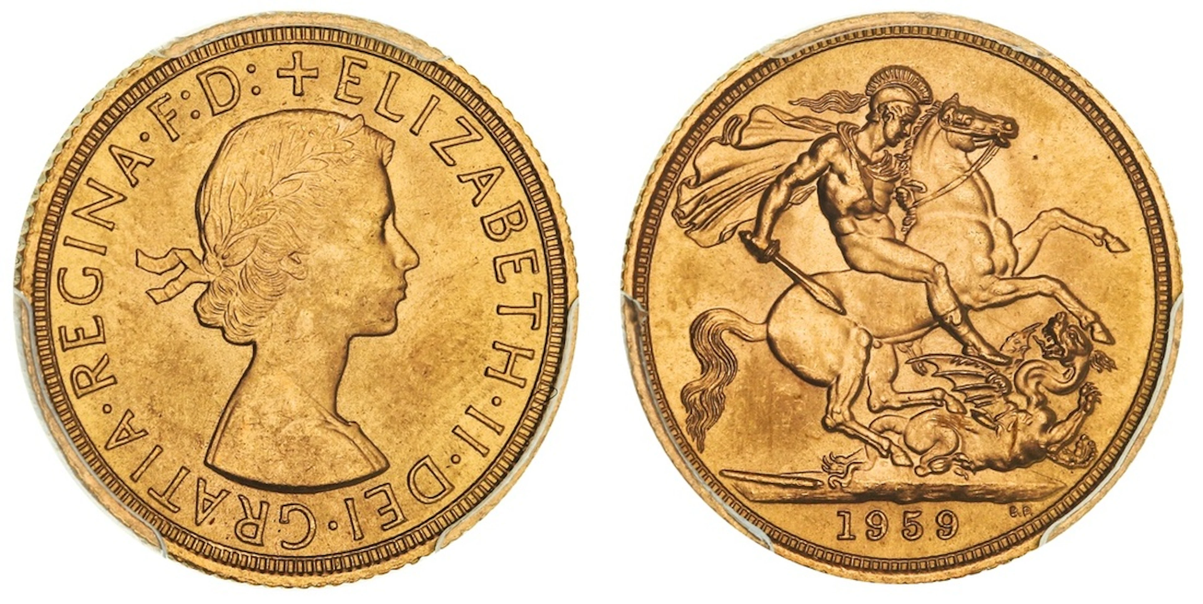 PCGS MS65 | Elizabeth II (1952-2022), Sovereign, 1959, by Mary Gillick