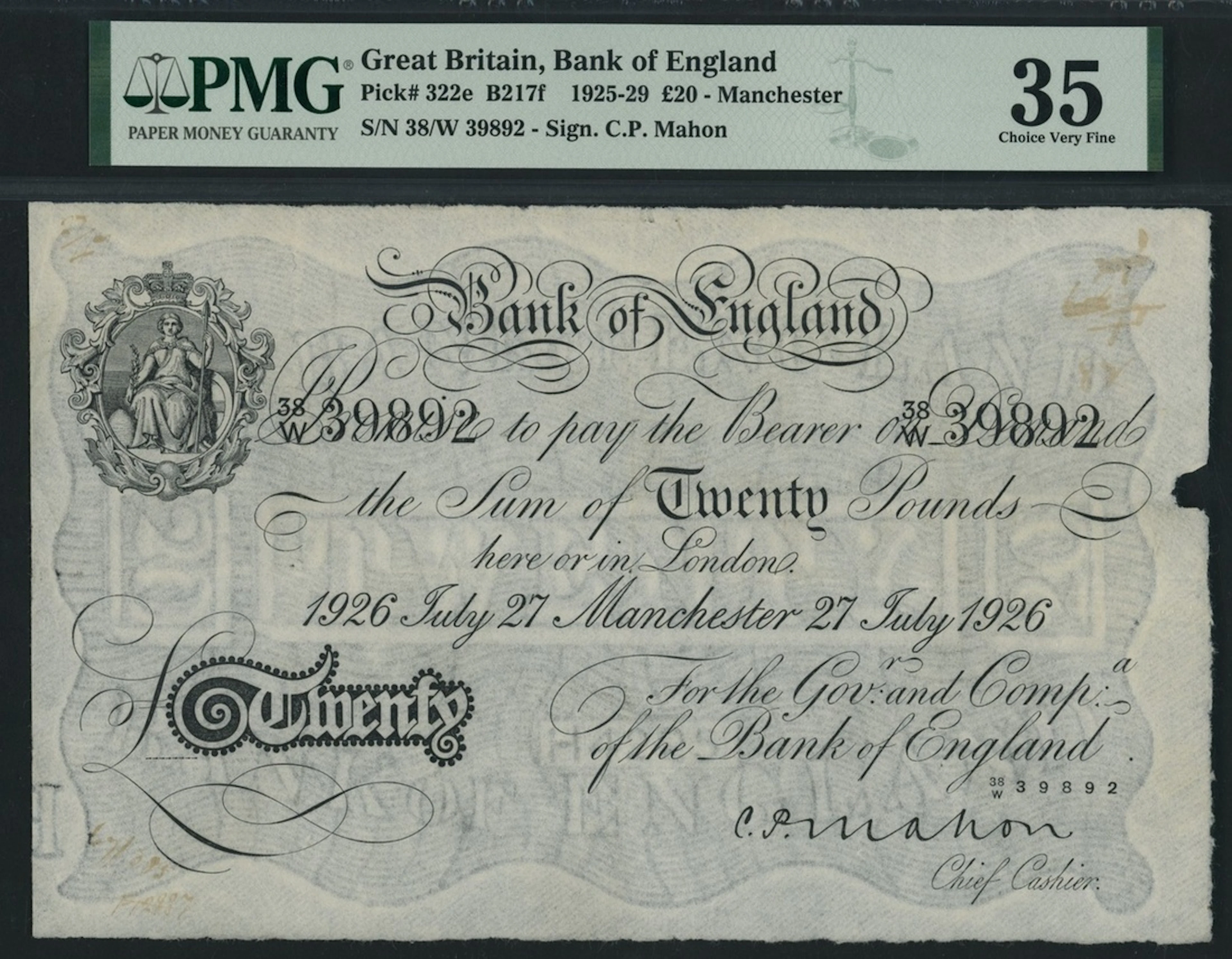 Bank of England, C. P. Mahon, £20, Manchester, 27th July 1926, serial