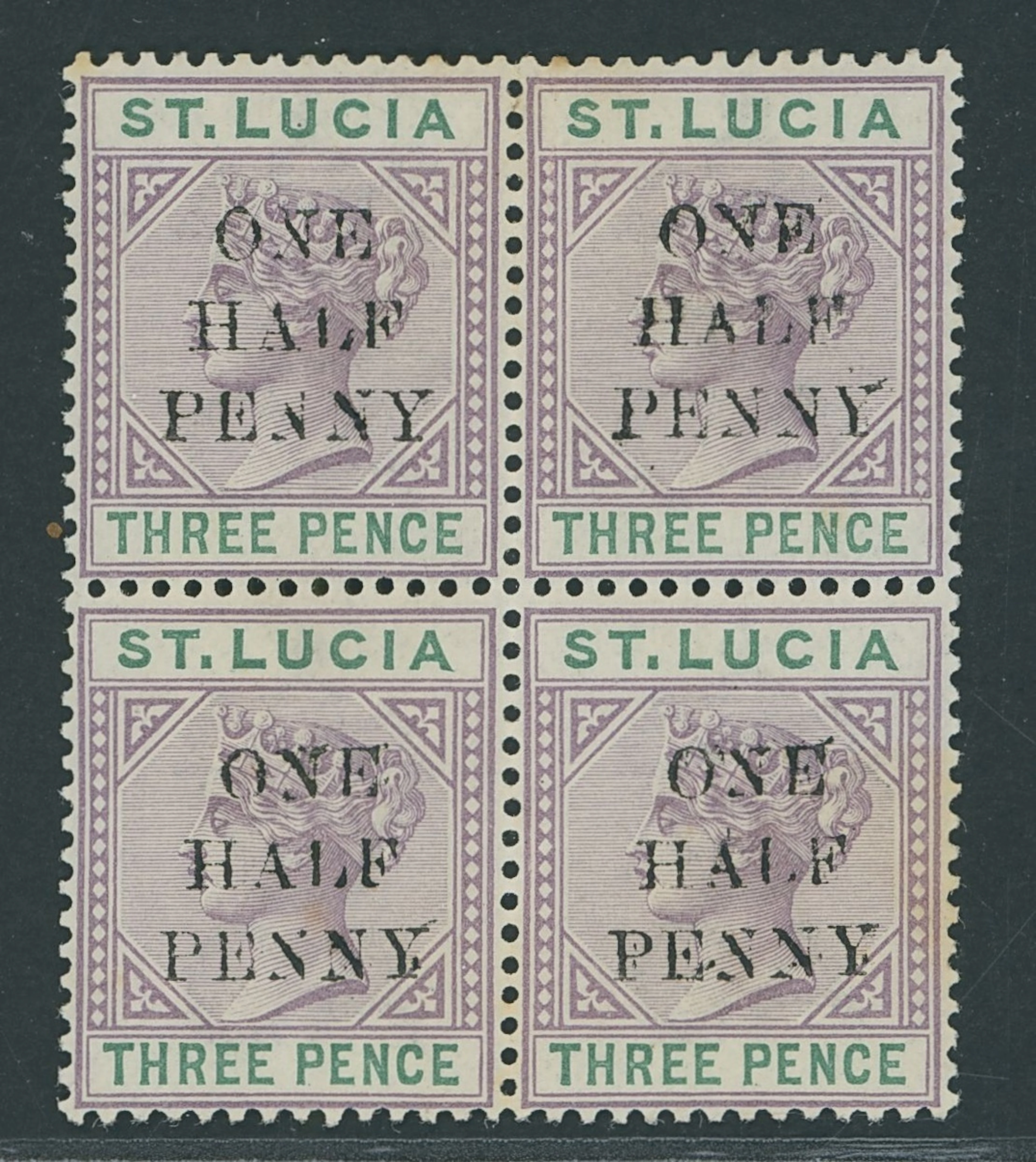 St. Lucia 1891-92 Die I, ½d. on 3d. dull mauve and green block of